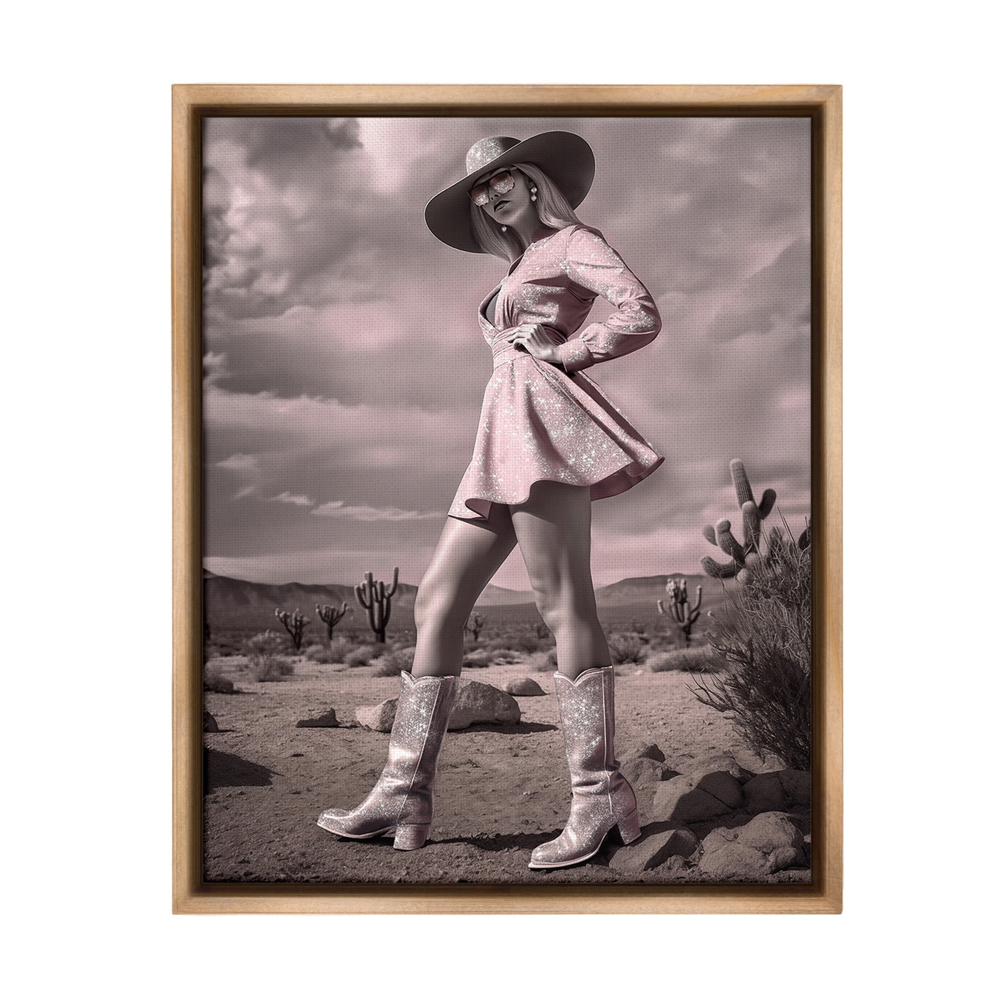 Stupell Industries Glam Cowgirl in Dress Beauty & Fashion Photography Brown Floater Framed Canvas Art Print Wall Art, 25 x 31