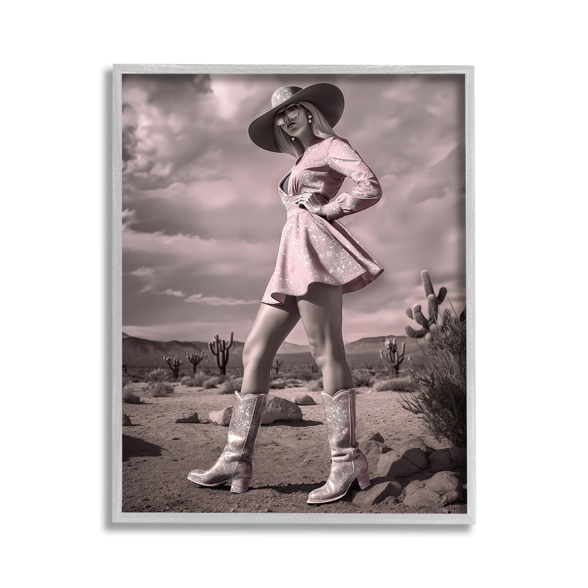 Stupell Industries Glam Cowgirl in Dress Beauty & Fashion Photography Gray Framed Art Print Wall Art, 11 x 14