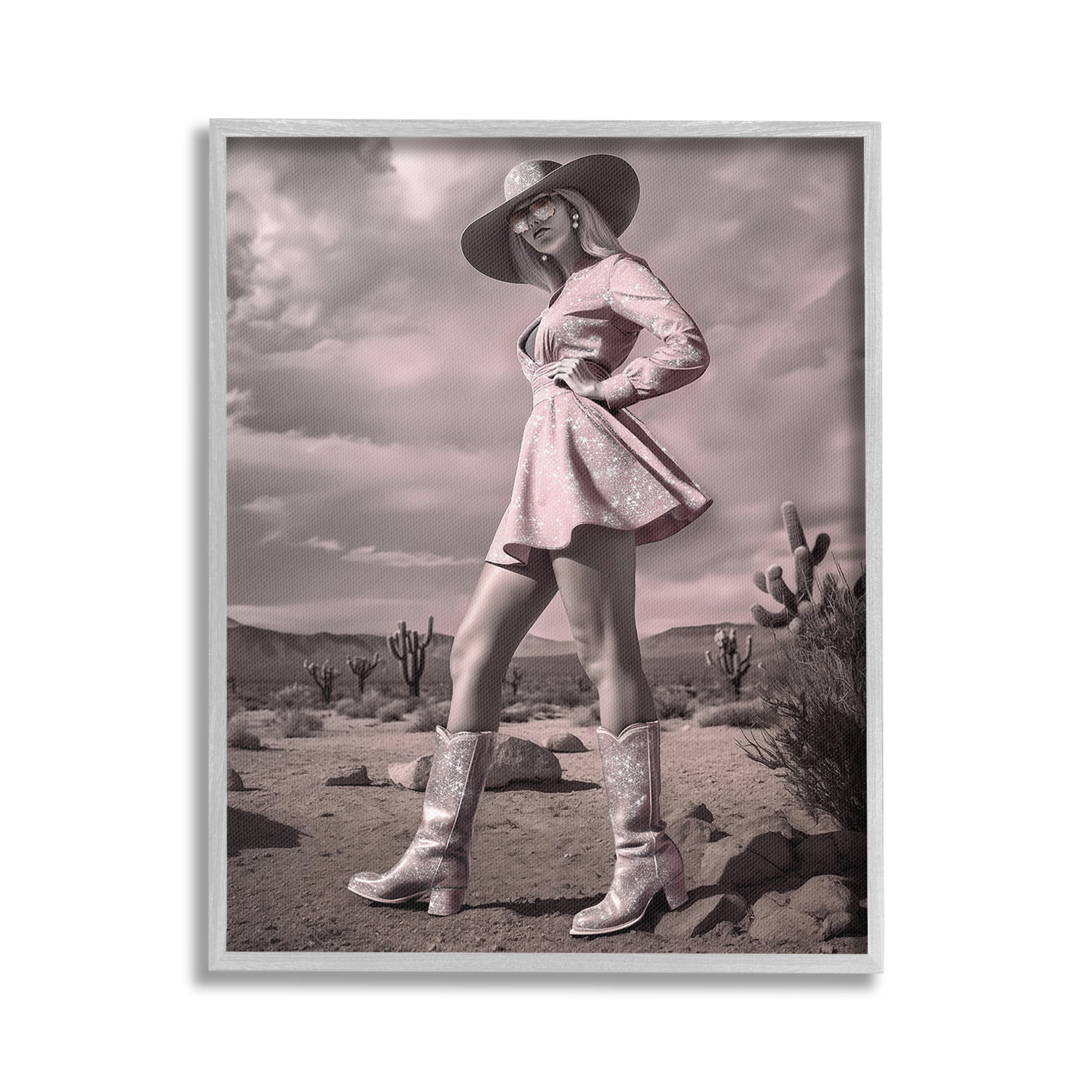 Stupell Industries Glam Cowgirl in Dress Beauty & Fashion Photography Gray Framed Art Print Wall Art, 16 x 20