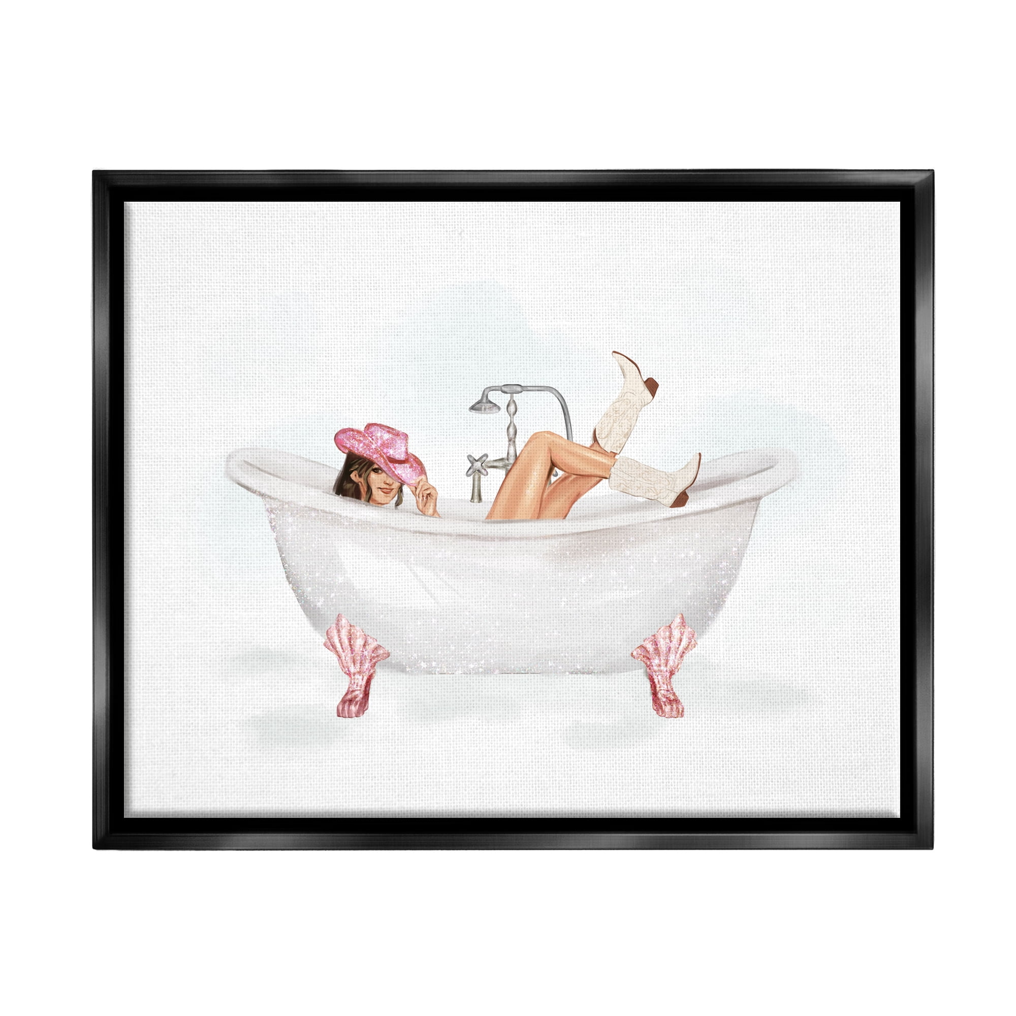 Stupell Industries Glam Cowgirl in Tub Typography Painting Black Floater Framed Canvas Art Print Wall Art, 31 x 25