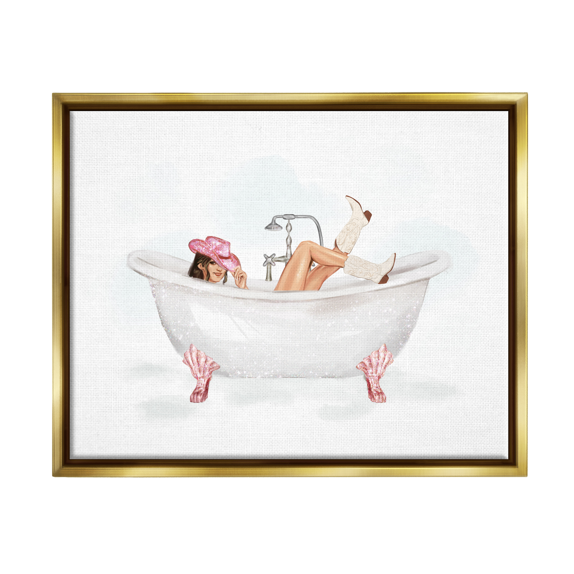 Stupell Industries Glam Cowgirl in Tub Typography Painting Gold Floater Framed Canvas Art Print Wall Art, 21 x 17