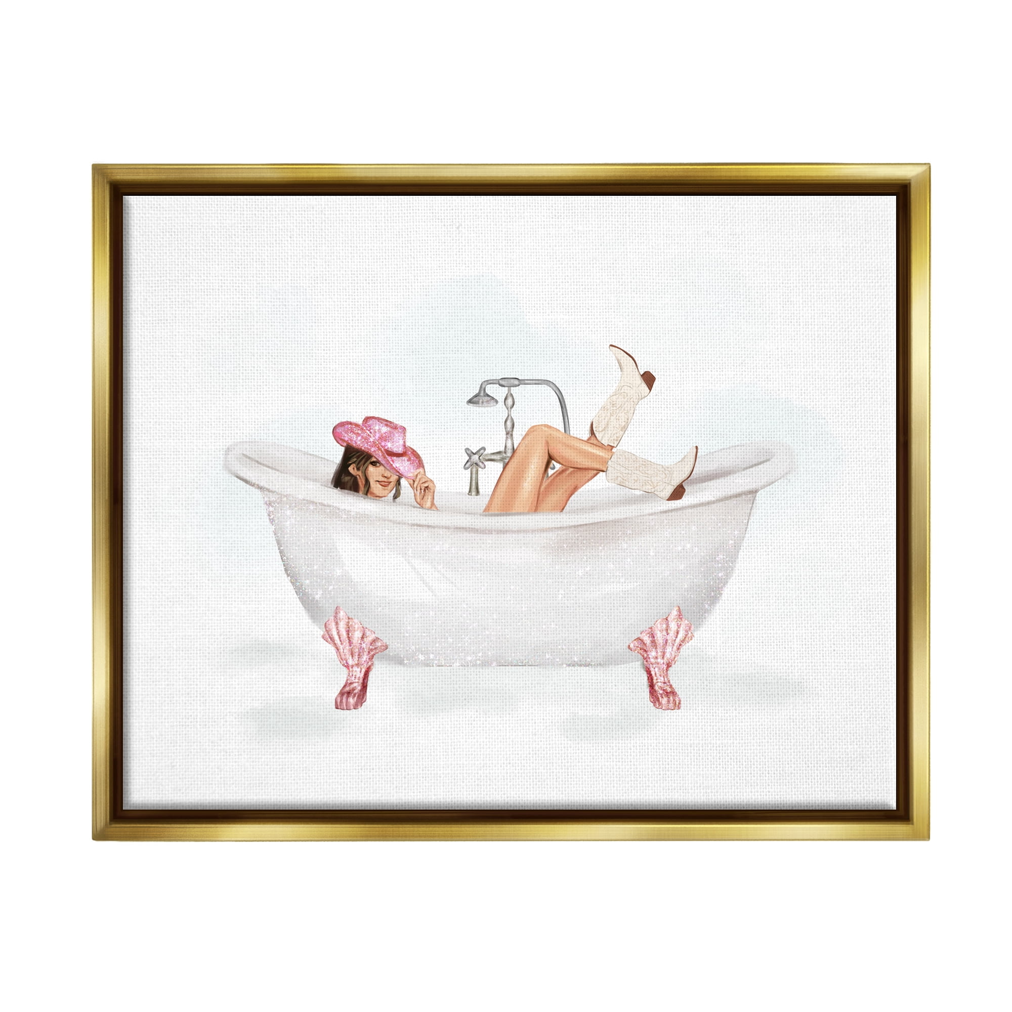 Stupell Industries Glam Cowgirl in Tub Typography Painting Gold Floater Framed Canvas Art Print Wall Art, 31 x 25