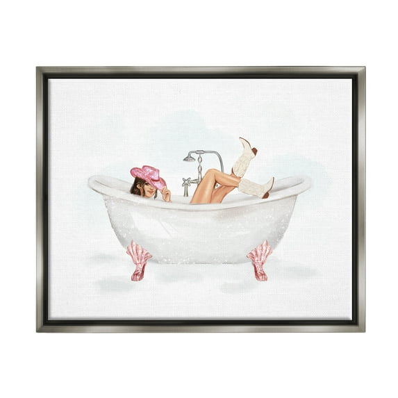 Stupell Industries Glam Cowgirl in Tub Typography Painting Gray Floater Framed Canvas Art Print Wall Art, 21 x 17