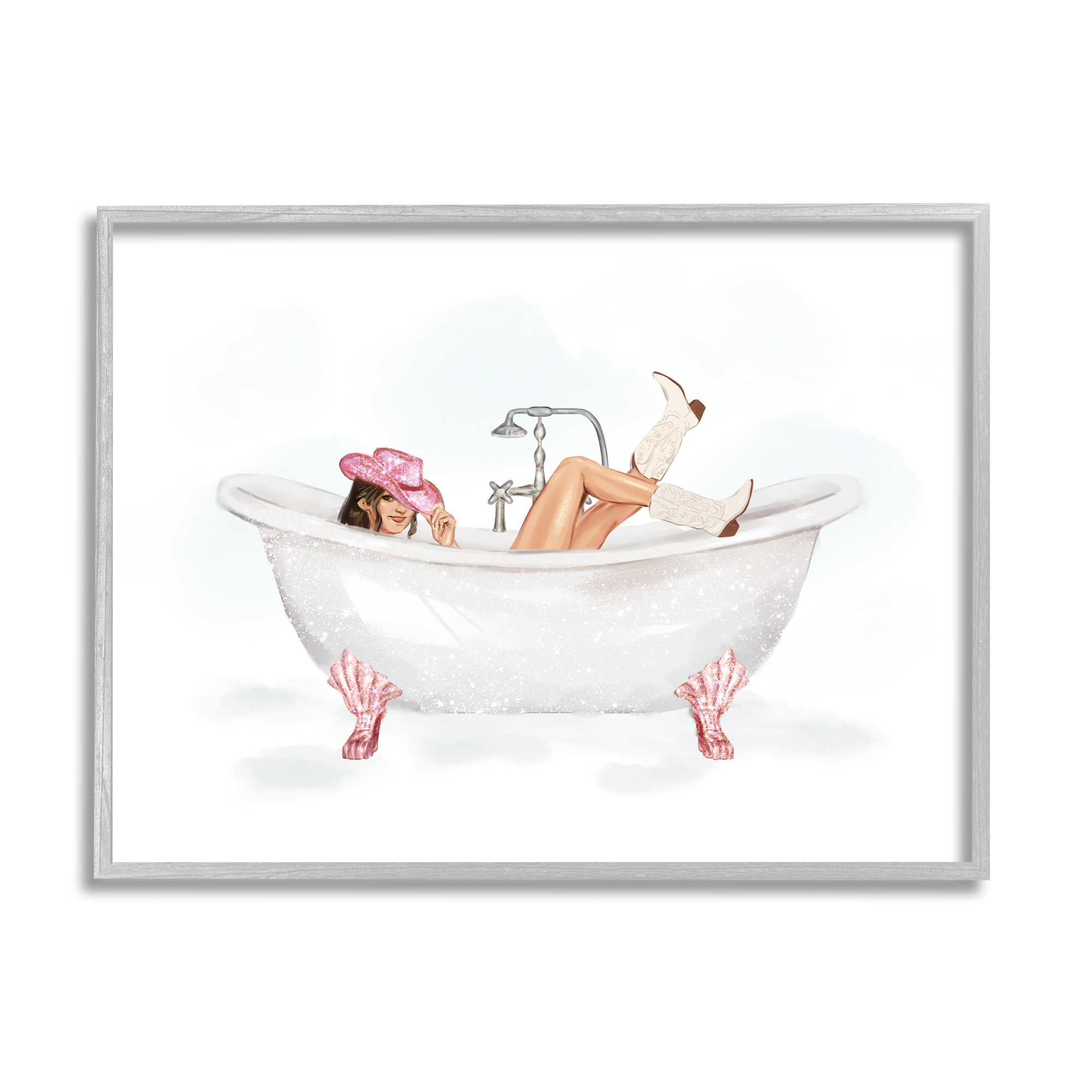 Stupell Industries Glam Cowgirl in Tub Typography Painting Gray Framed Art Print Wall Art, 30 x 24