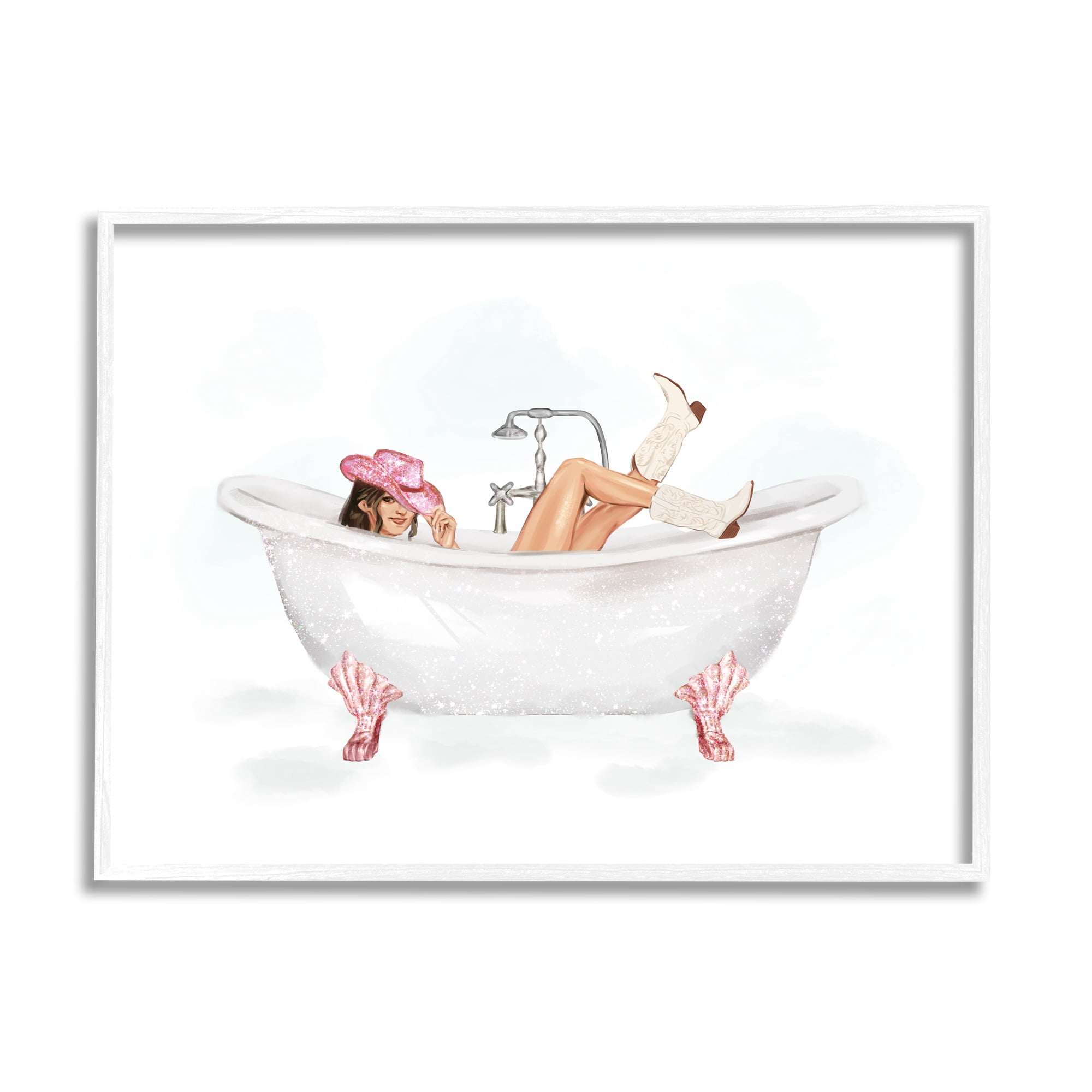 Stupell Industries Glam Cowgirl in Tub Typography Painting White Framed Art Print Wall Art, 14 x 11