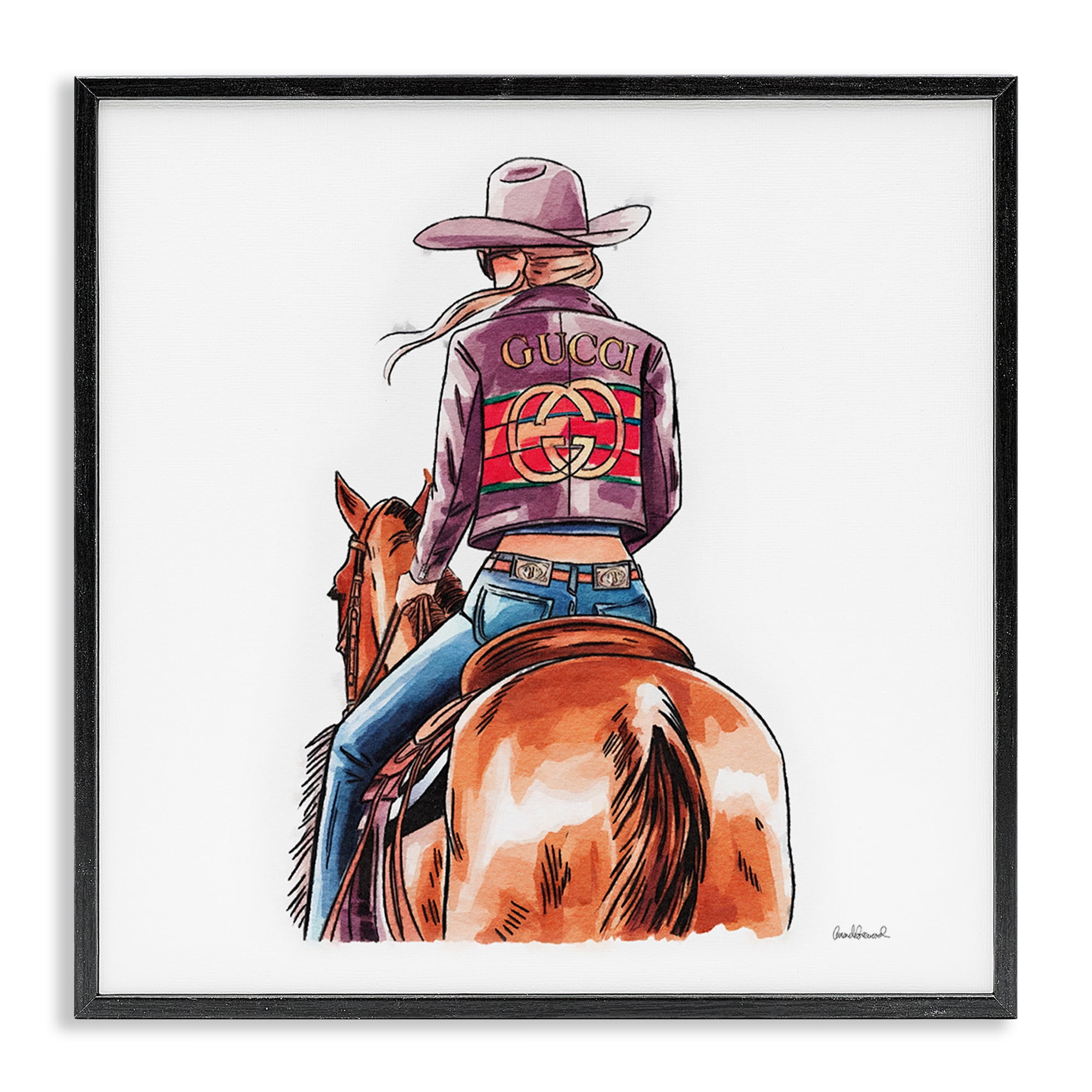 Stupell Industries Glam Cowgirl on Horse People Painting Black Framed Art Print Wall Art, 12 x 12