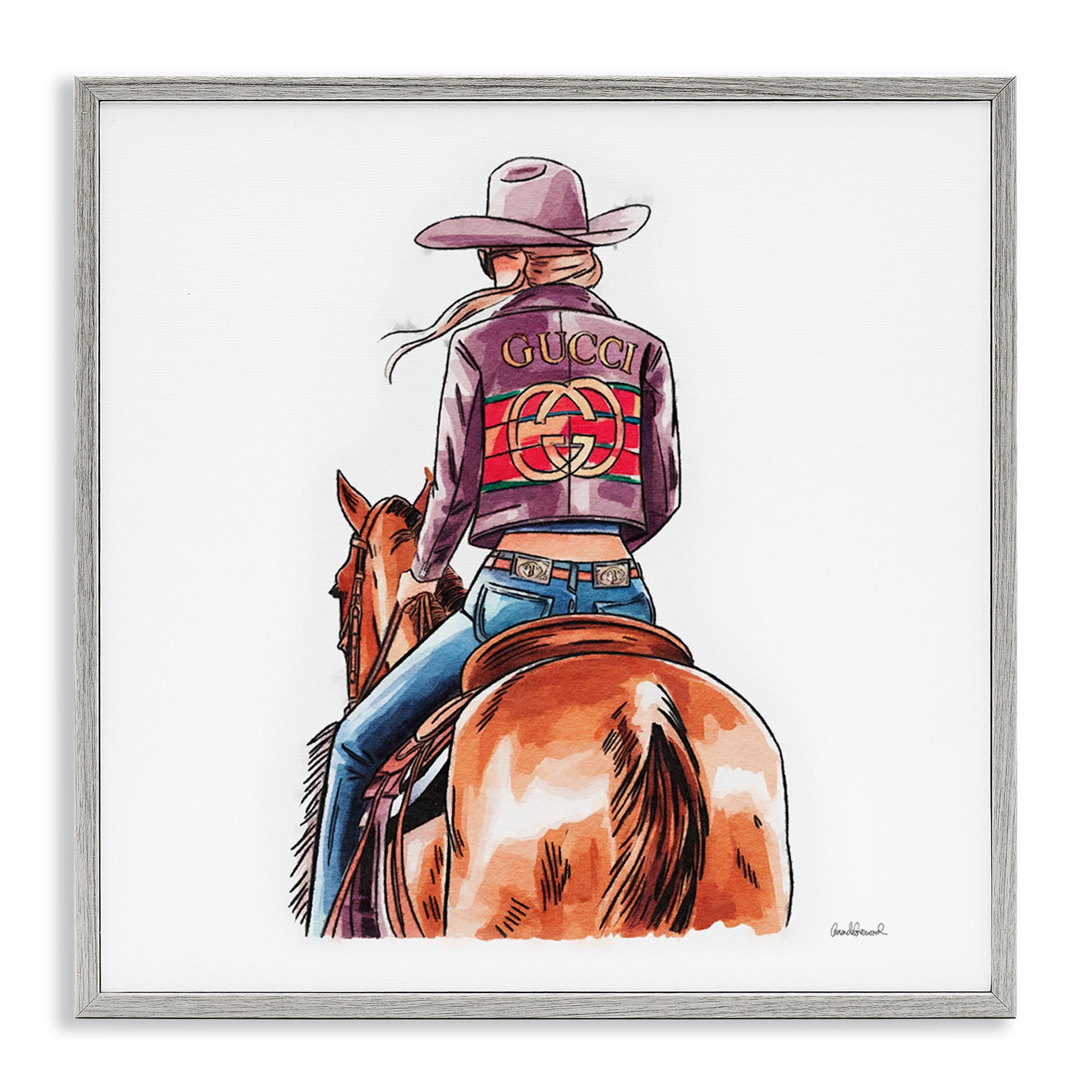 Stupell Industries Glam Cowgirl on Horse People Painting Gray Framed Art Print Wall Art, 17 x 17
