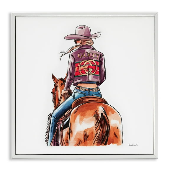 Stupell Industries Glam Cowgirl on Horse People Painting White Framed Art Print Wall Art, 12 x 12
