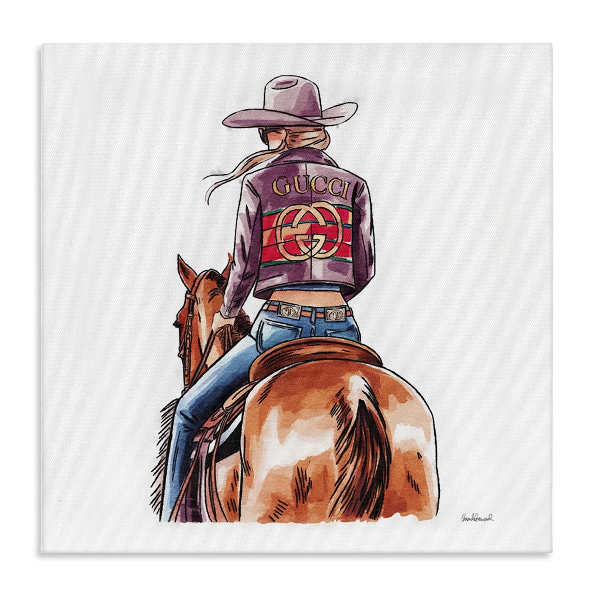 Stupell Industries Glam Cowgirl on Horse People Painting Wrapped Canvas Art Print Wall Art, 17 x 17