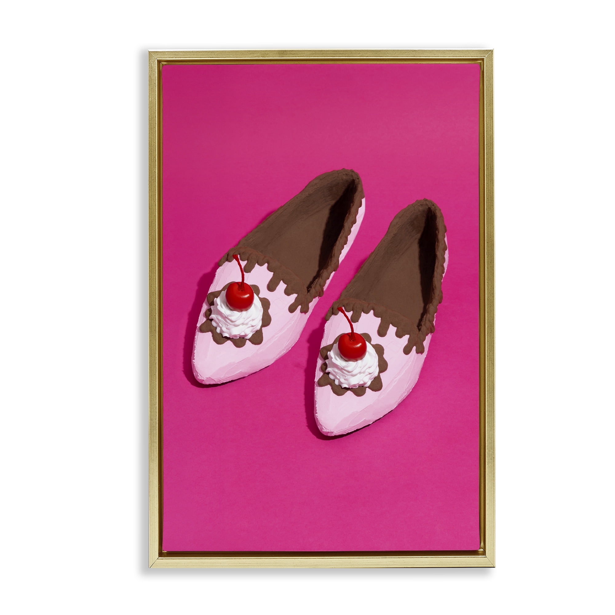 Stupell Industries Glam Dessert Shoes Novelty Painting Gold Floater Framed Art Print Wall Art, 17 x 25
