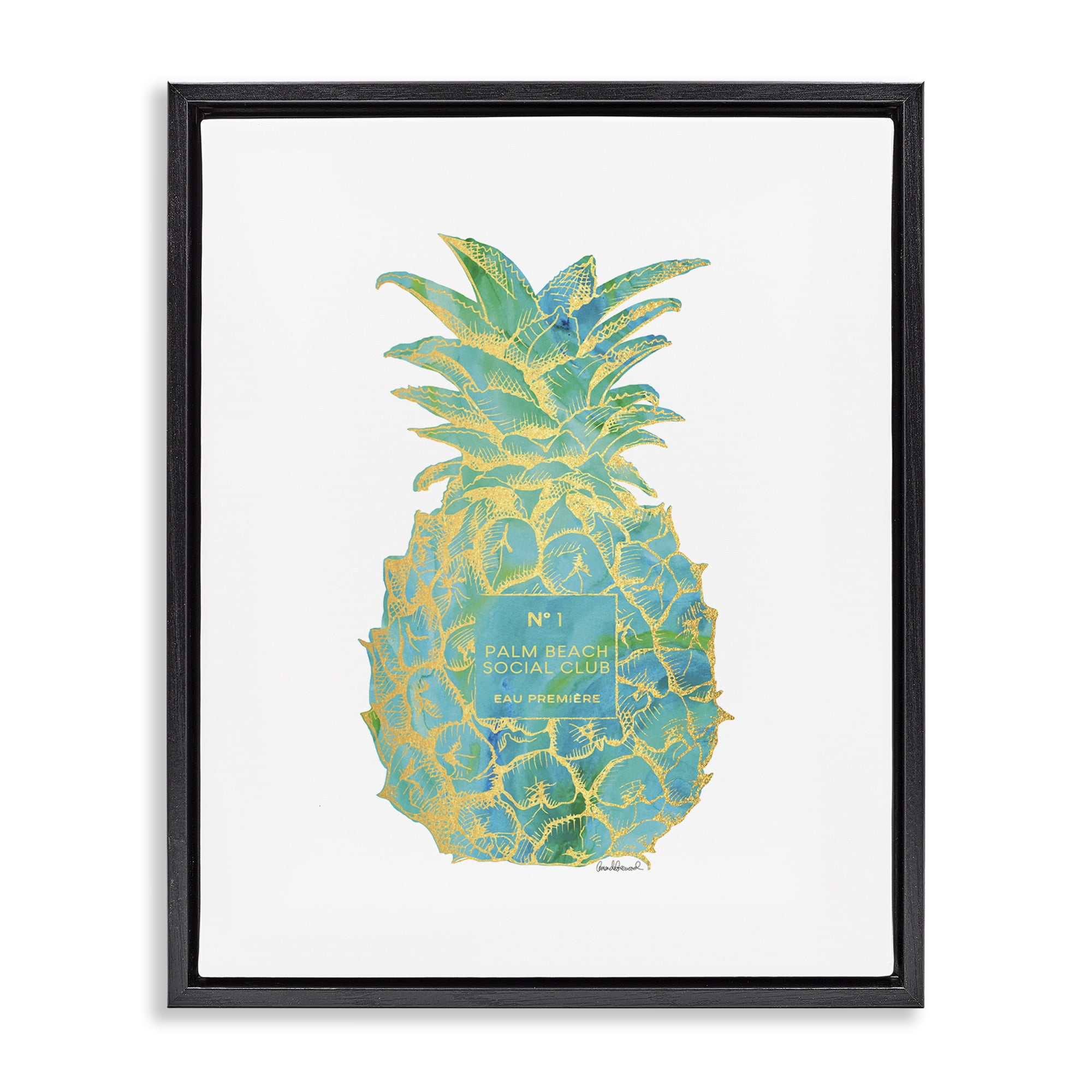 Stupell Industries Glam Detailed Pineapple Food & Beverage Painting Black Floater Framed Canvas Art Print Wall Art, 17 x 21
