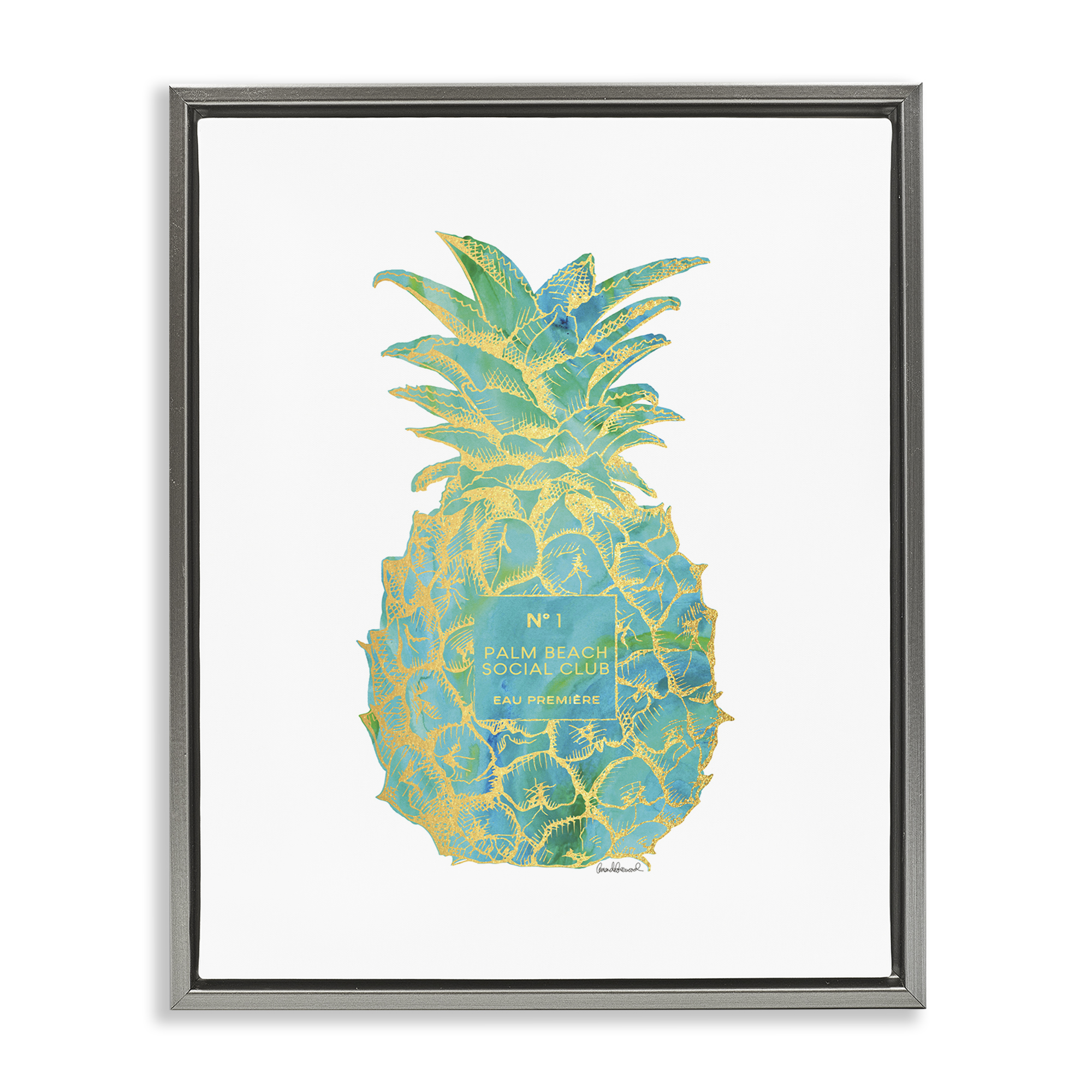 Stupell Industries Glam Detailed Pineapple Food & Beverage Painting Gray Floater Framed Canvas Art Print Wall Art, 25 x 31
