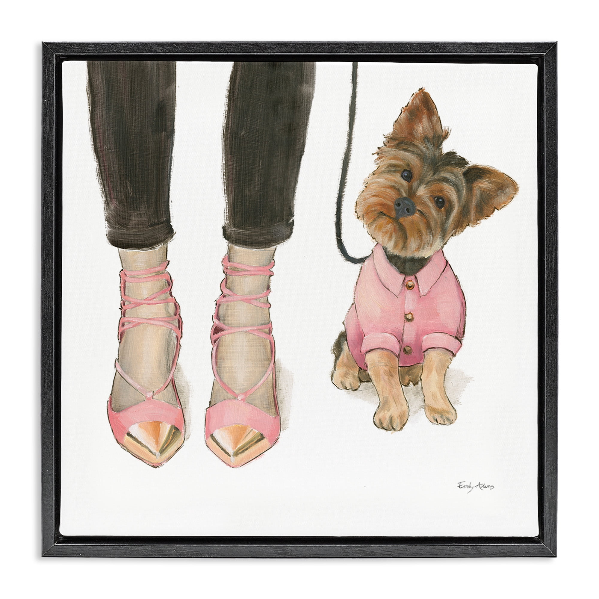 Stupell Industries Glam Dog Walk Pink Heels Beauty & Fashion Painting Black Floater Framed Canvas Art Print Wall Art, 18 x 18