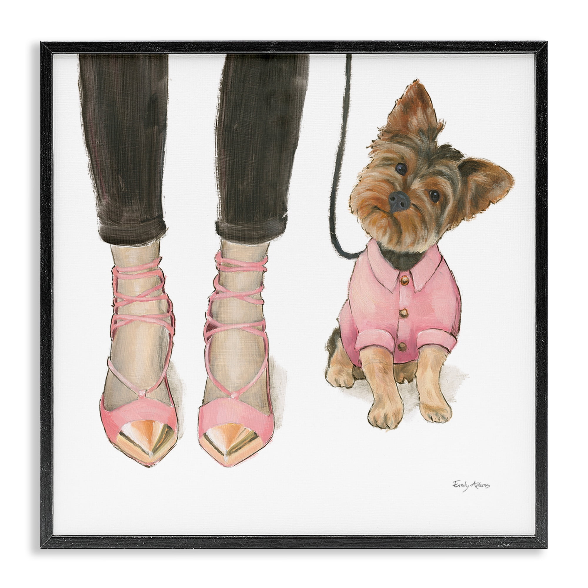 Stupell Industries Glam Dog Walk Pink Heels Beauty & Fashion Painting Black Framed Art Print Wall Art, 17 x 17