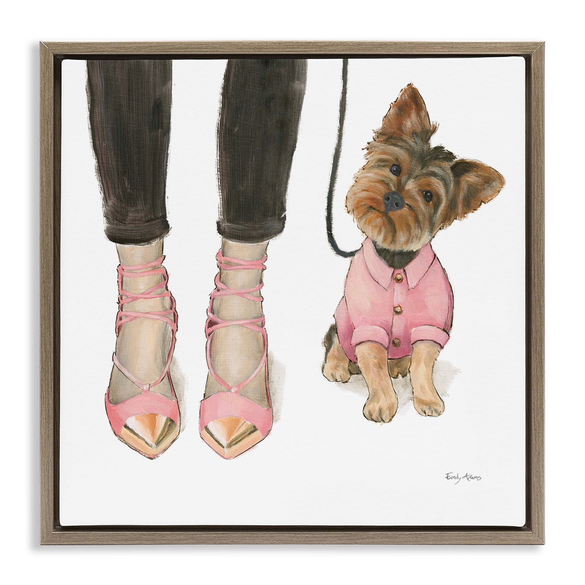Stupell Industries Glam Dog Walk Pink Heels Beauty & Fashion Painting Brown Floater Framed Canvas Art Print Wall Art, 25 x 25