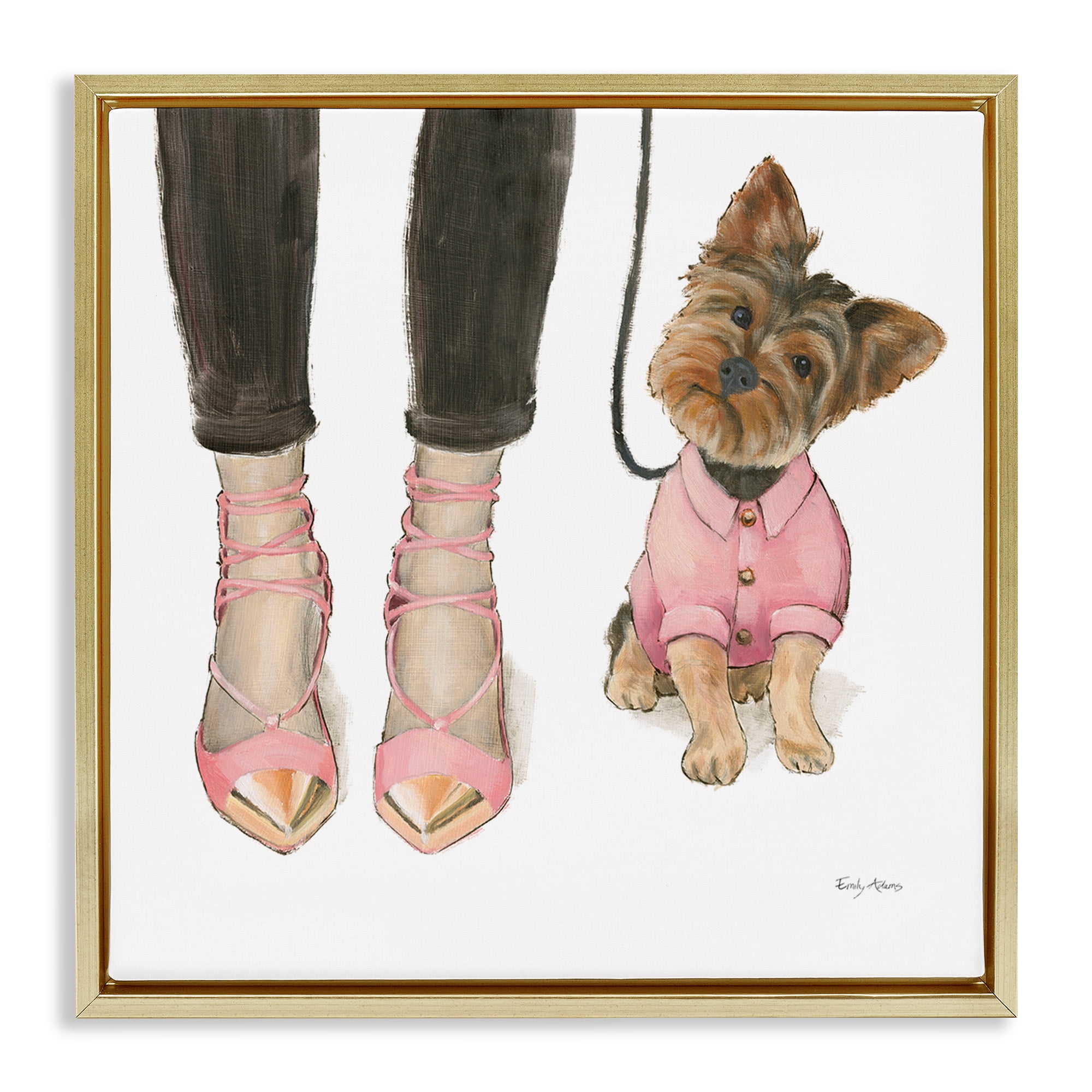 Stupell Industries Glam Dog Walk Pink Heels Beauty & Fashion Painting Gold Floater Framed Canvas Art Print Wall Art, 18 x 18