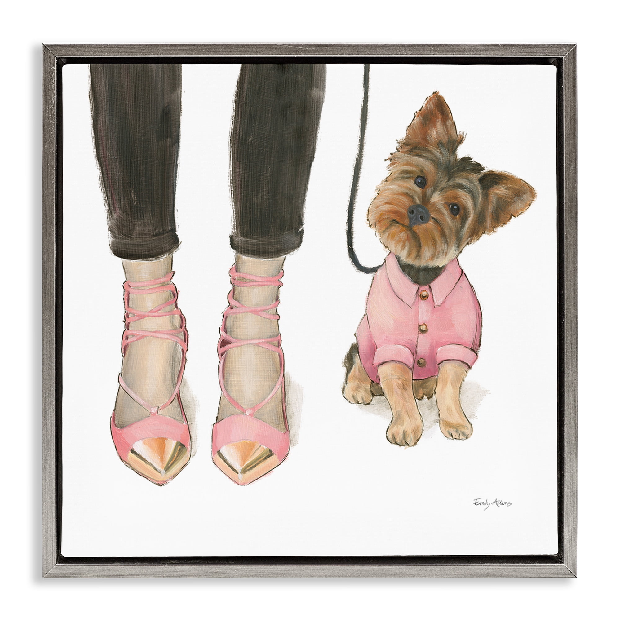 Stupell Industries Glam Dog Walk Pink Heels Beauty & Fashion Painting Gray Floater Framed Canvas Art Print Wall Art, 25 x 25