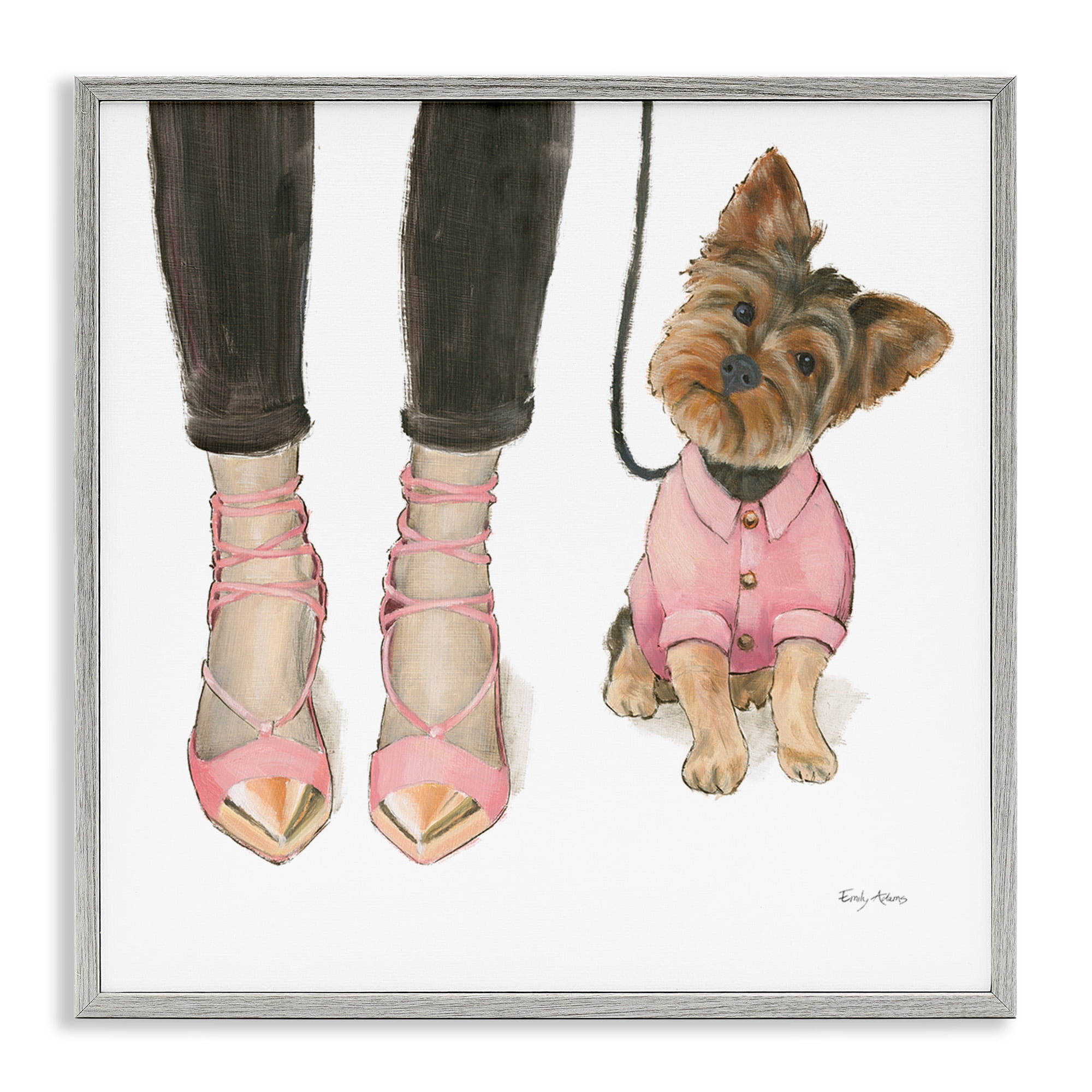 Stupell Industries Glam Dog Walk Pink Heels Beauty & Fashion Painting Gray Framed Art Print Wall Art, 12 x 12