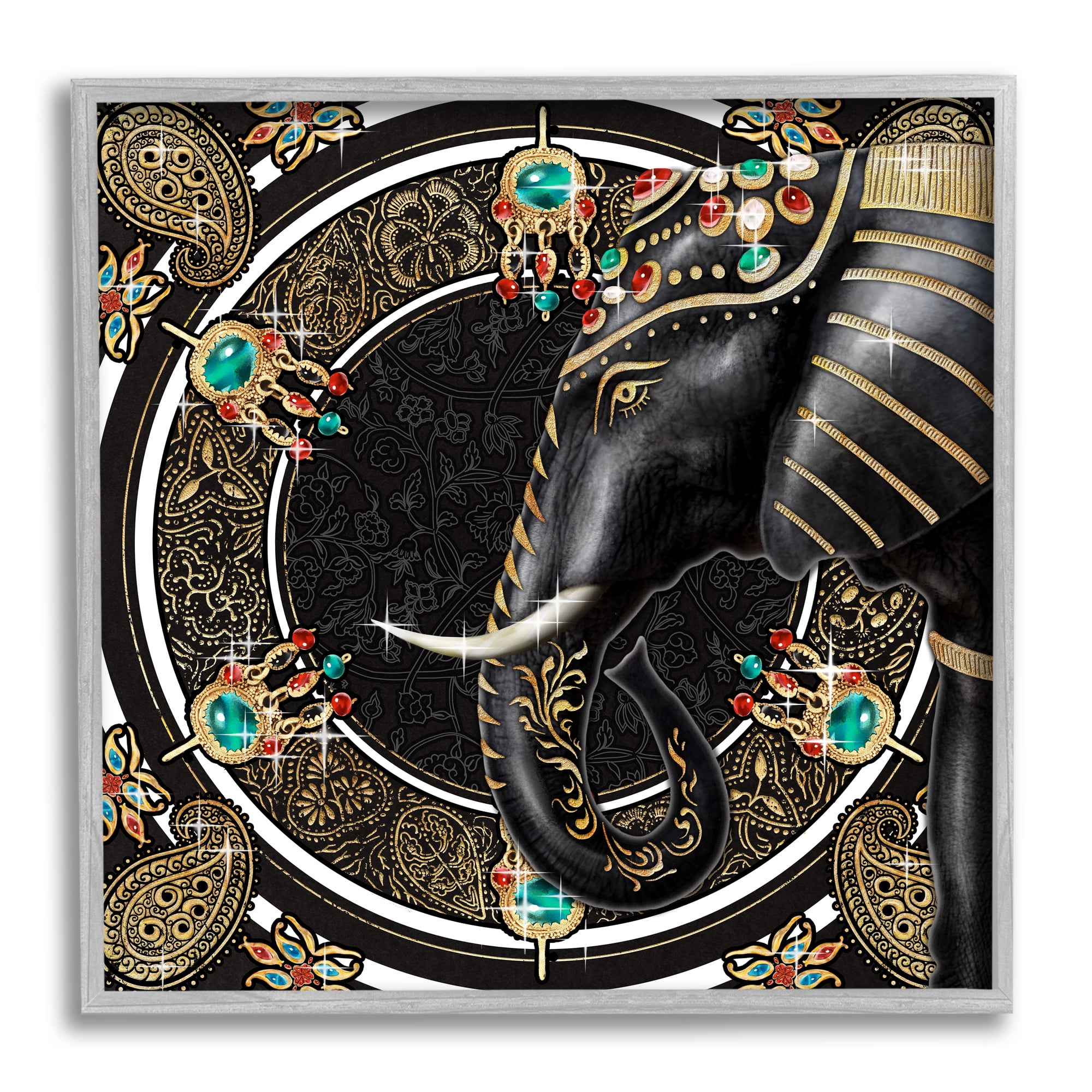 Stupell Industries Glam Elephant Regal Jewelry Paisley Pattern Animals & Insects Painting Gray Framed Art Print Wall Art, 12 x 12