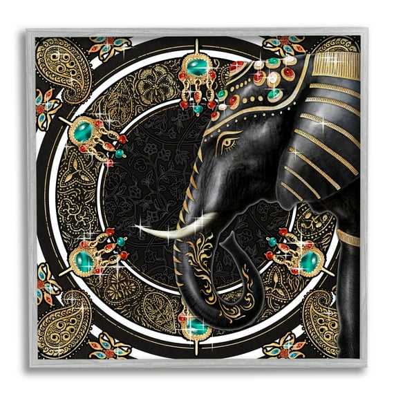 Stupell Industries Glam Elephant Regal Jewelry Paisley Pattern Animals & Insects Painting Gray Framed Art Print Wall Art, 24 x 24