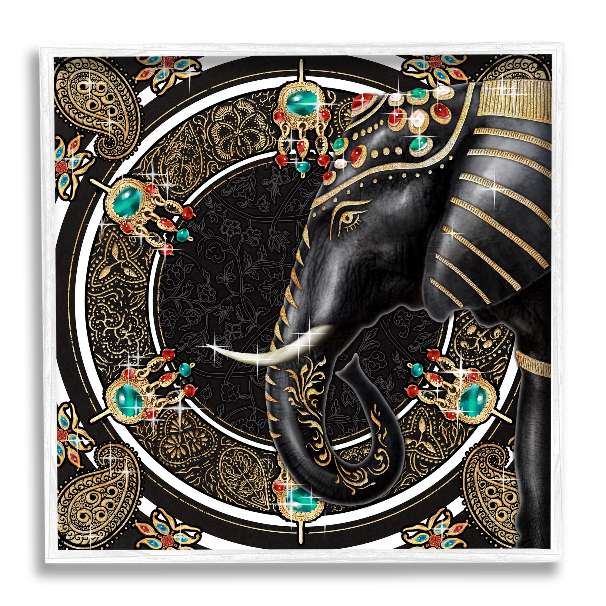 Stupell Industries Glam Elephant Regal Jewelry Paisley Pattern Animals & Insects Painting White Framed Art Print Wall Art, 12 x 12