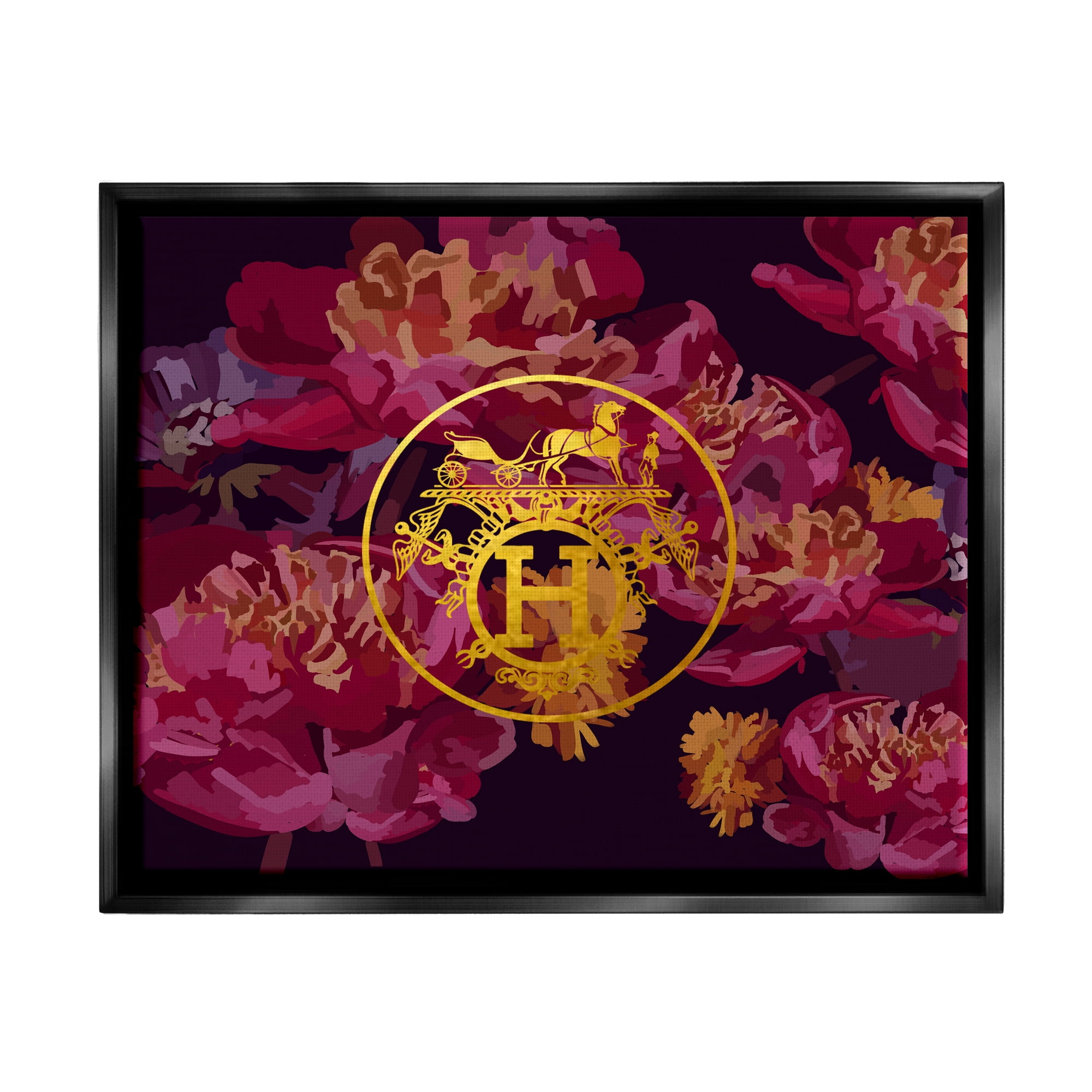Stupell Industries Glam Emblem Flower Pattern Botanical & Floral Painting Black Floater Framed Canvas Art Print Wall Art, 21 x 17