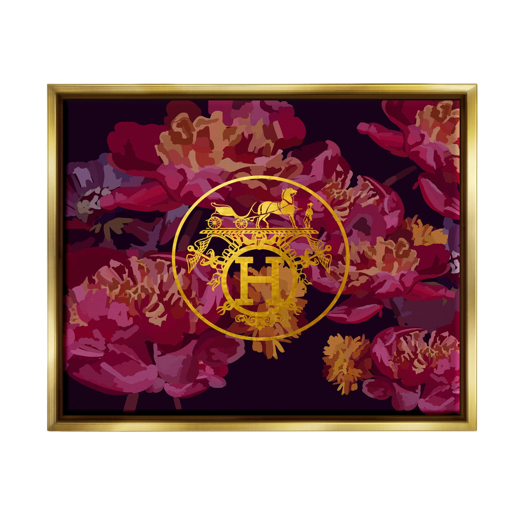 Stupell Industries Glam Emblem Flower Pattern Botanical & Floral Painting Gold Floater Framed Canvas Art Print Wall Art, 21 x 17