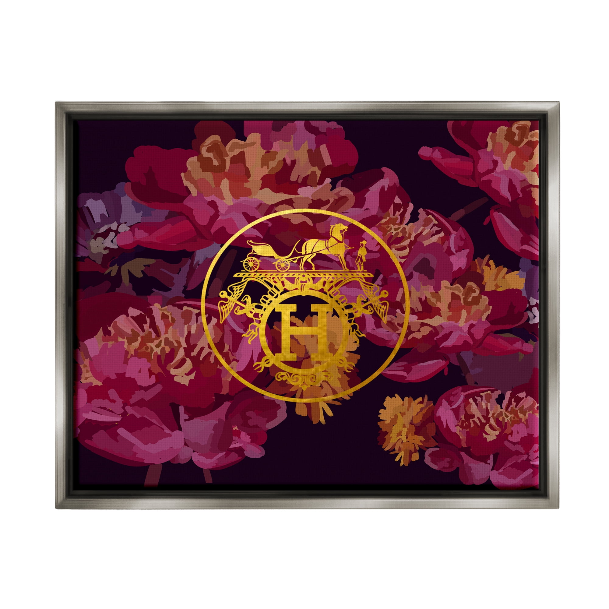 Stupell Industries Glam Emblem Flower Pattern Botanical & Floral Painting Gray Floater Framed Canvas Art Print Wall Art, 31 x 25