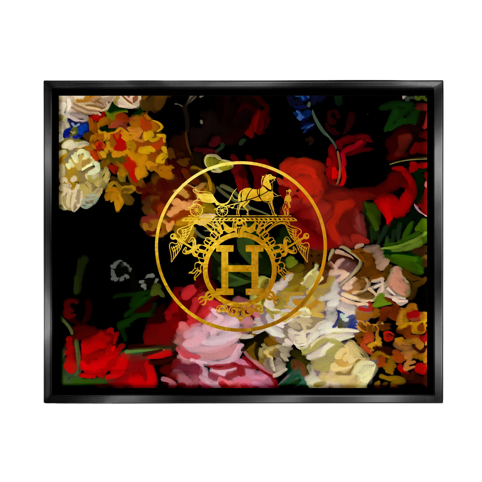 Stupell Industries Glam Emblem Flowers Botanical & Floral Painting Black Floater Framed Canvas Art Print Wall Art, 31 x 25