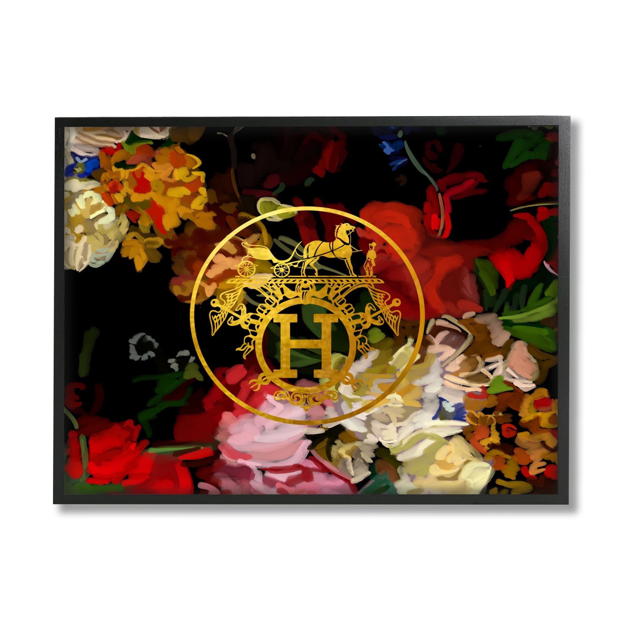 Stupell Industries Glam Emblem Flowers Botanical & Floral Painting Black Framed Art Print Wall Art, 30 x 24