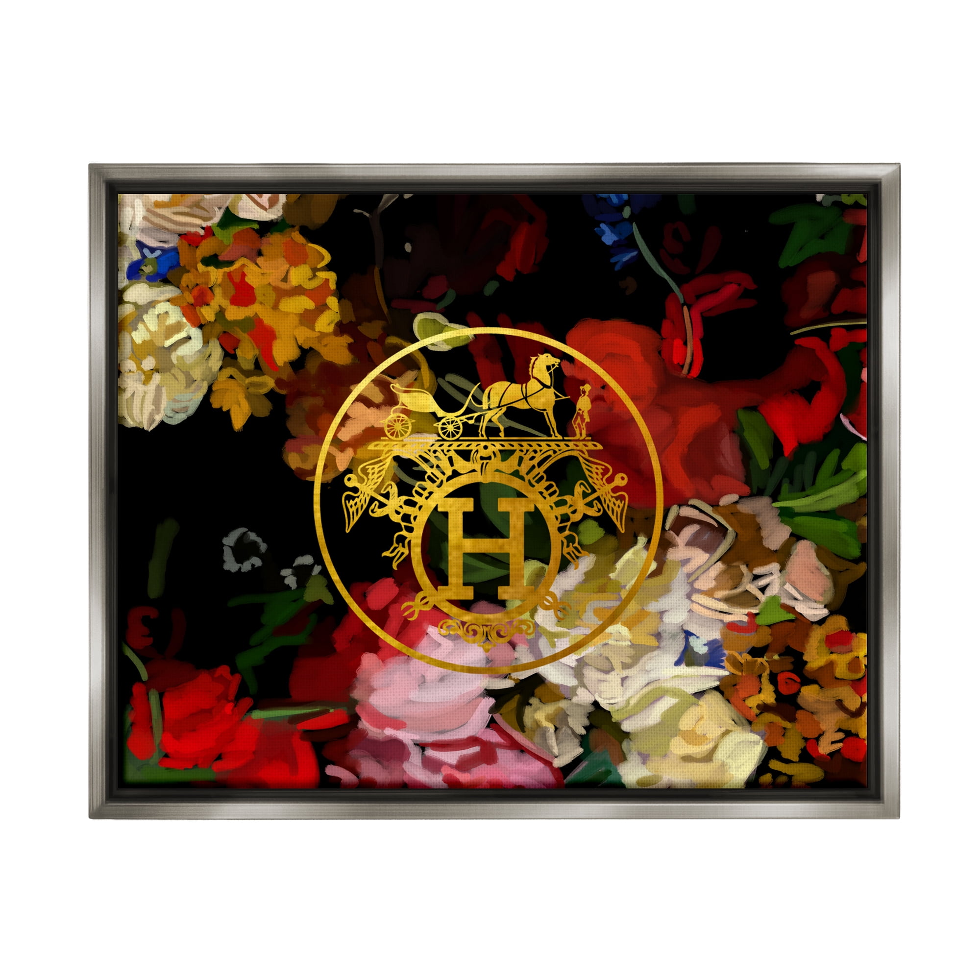 Stupell Industries Glam Emblem Flowers Botanical & Floral Painting Gray Floater Framed Canvas Art Print Wall Art, 31 x 25