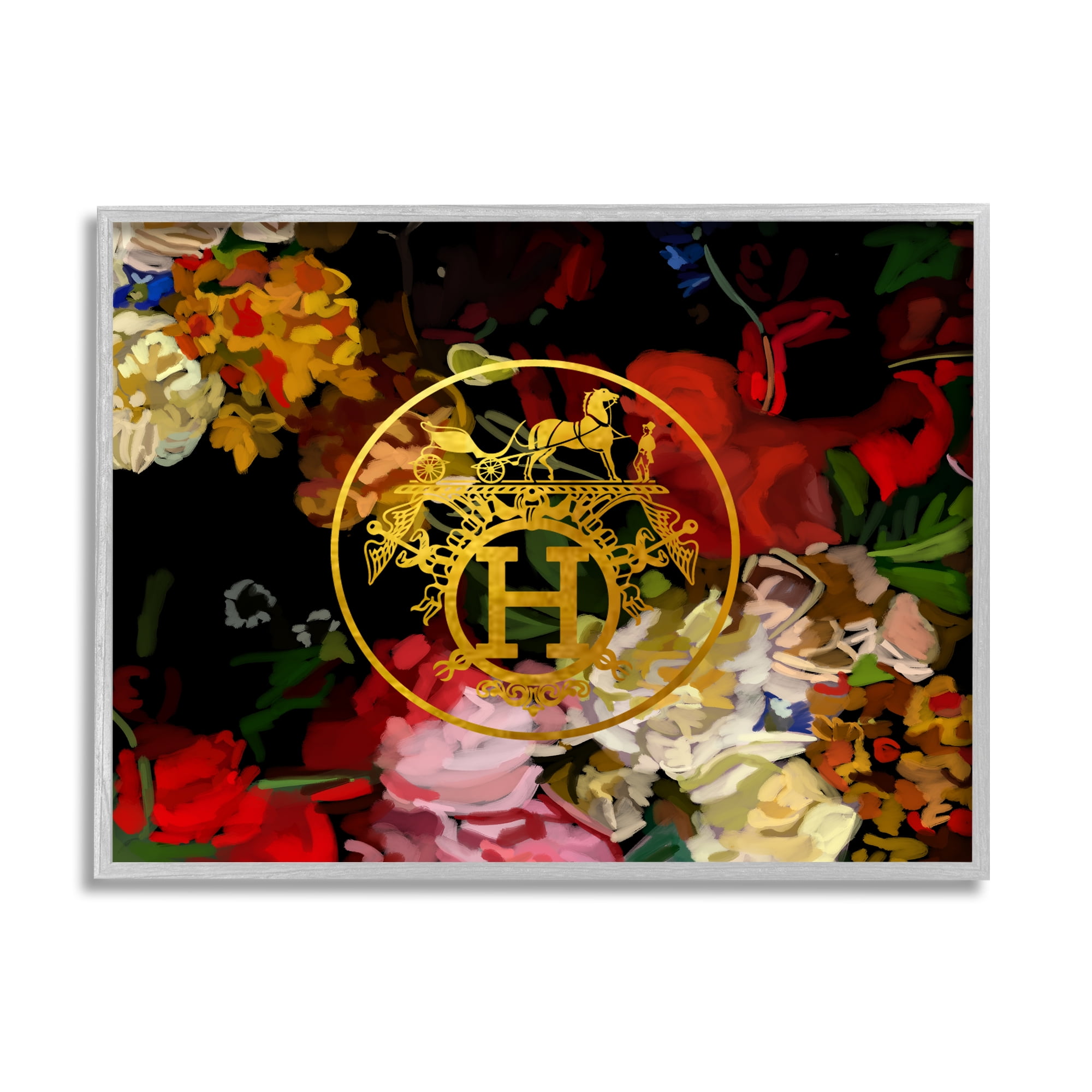 Stupell Industries Glam Emblem Flowers Botanical & Floral Painting Gray Framed Art Print Wall Art, 20 x 16