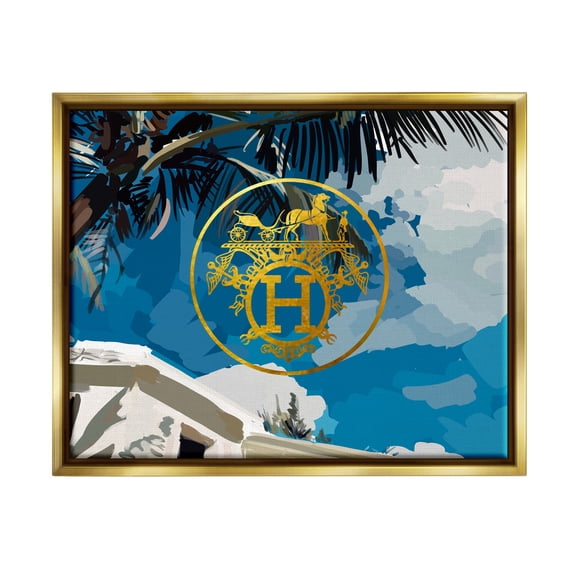 Stupell Industries Glam Emblem Villa Botanical & Floral Painting Gold Floater Framed Canvas Art Print Wall Art, 21 x 17