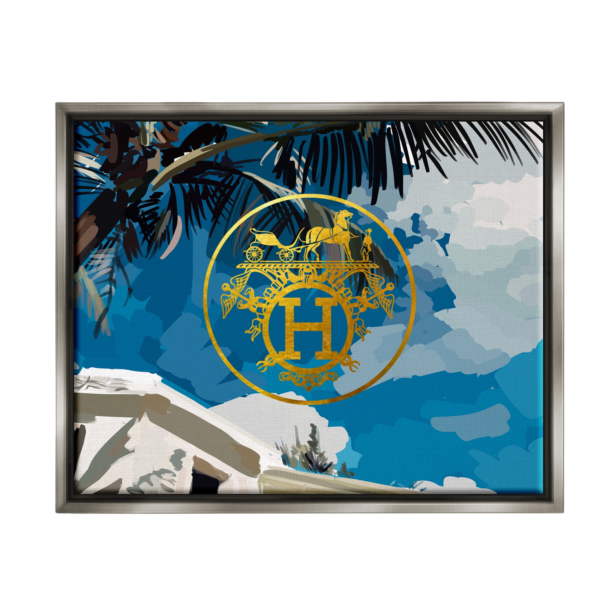 Stupell Industries Glam Emblem Villa Botanical & Floral Painting Gray Floater Framed Canvas Art Print Wall Art, 21 x 17