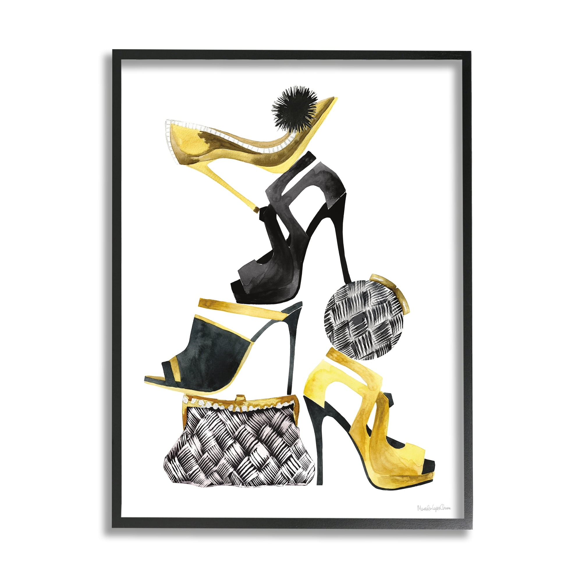 Stupell Industries Glam Fashion Accessories Stacked Shoes and Purses Beauty & Fashion Painting Black Framed Art Print Wall Art, 16 x 20
