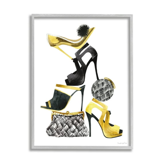Stupell Industries Glam Fashion Accessories Stacked Shoes and Purses Beauty & Fashion Painting Gray Framed Art Print Wall Art, 16 x 20