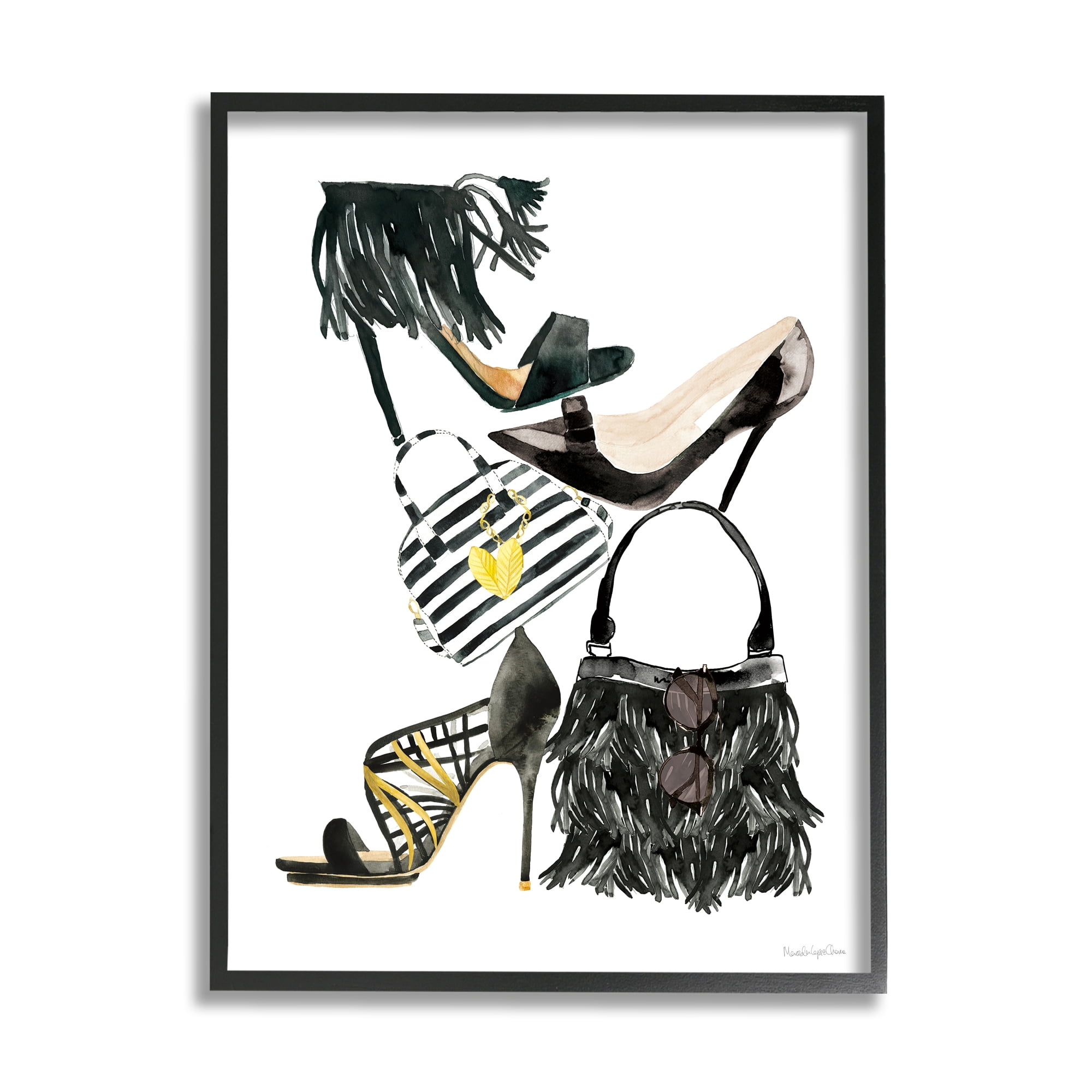 Stupell Industries Glam Fashion Accessory Stack Fringe Shoes and Purse Beauty & Fashion Painting Black Framed Art Print Wall Art, 16 x 20