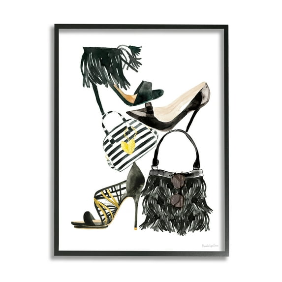 Stupell Industries Glam Fashion Accessory Stack Fringe Shoes and Purse Beauty & Fashion Painting Black Framed Art Print Wall Art, 24 x 30