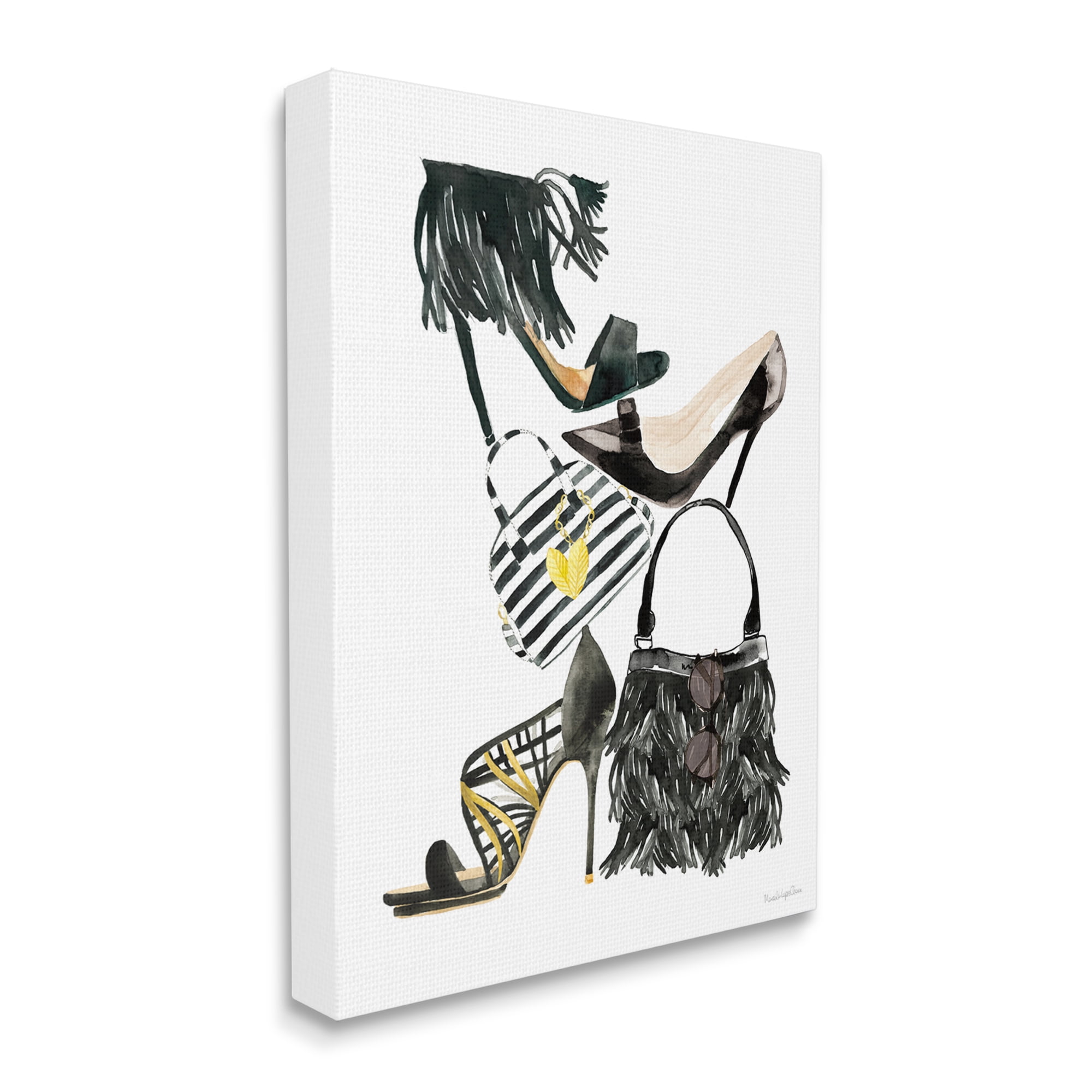 Stupell Industries Glam Fashion Accessory Stack Fringe Shoes and Purse Beauty & Fashion Painting Gallery Wrapped Canvas Print Wall Art, 24 x 30
