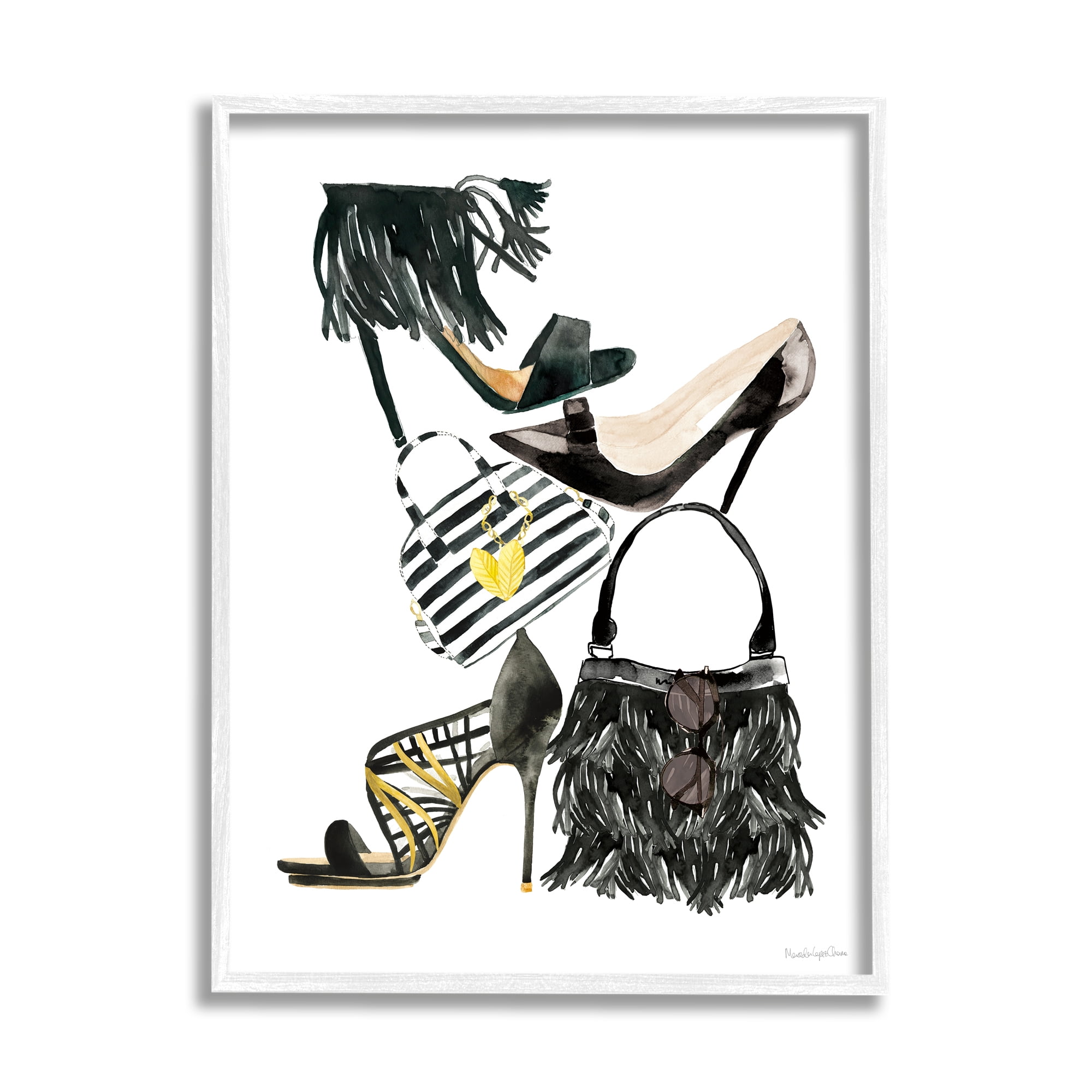 Stupell Industries Glam Fashion Accessory Stack Fringe Shoes and Purse Beauty & Fashion Painting White Framed Art Print Wall Art, 11 x 14