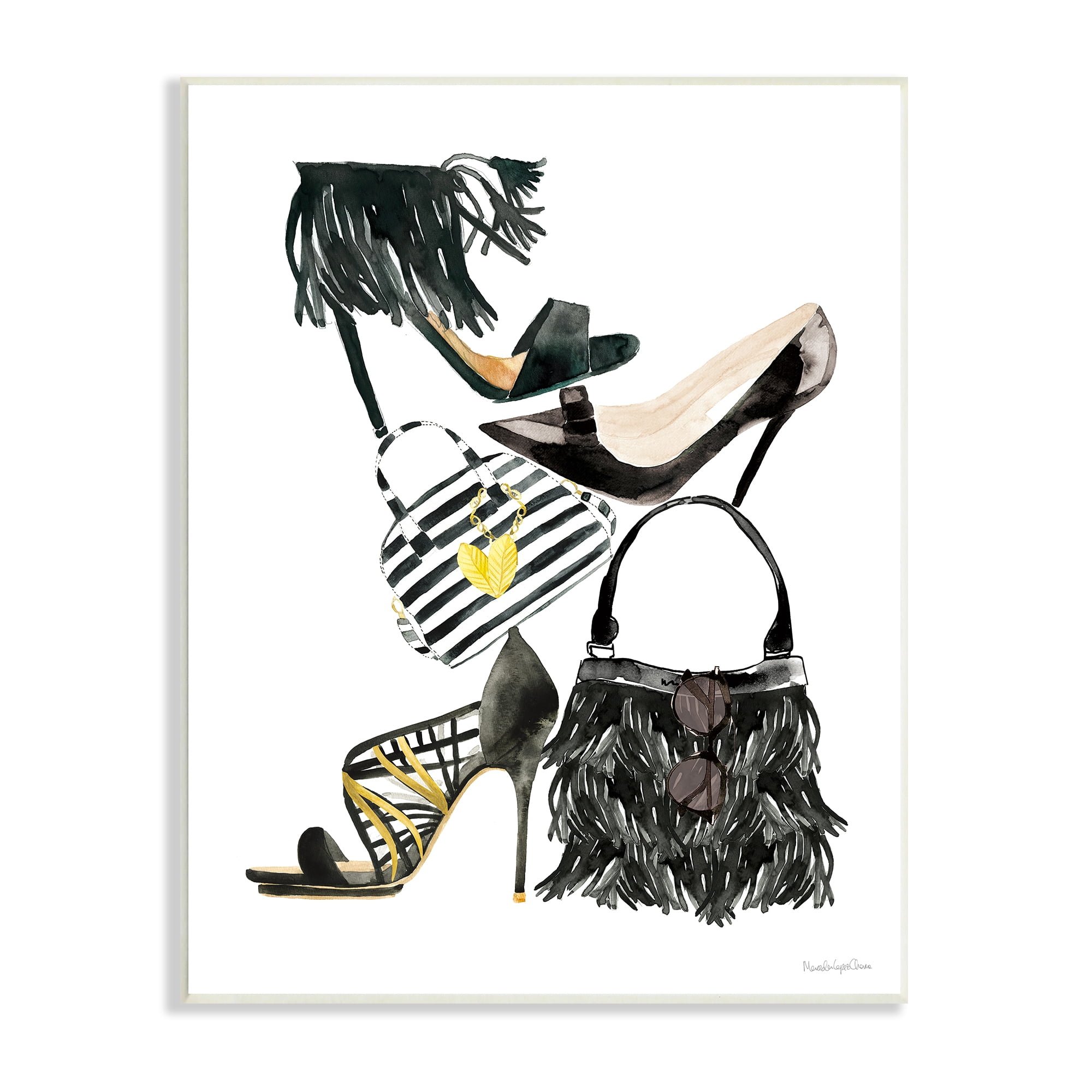 Stupell Industries Glam Fashion Accessory Stack Fringe Shoes and Purse Graphic Art Unframed Art Print Wall Art, 13x19, by Mercedes Lopez Charro