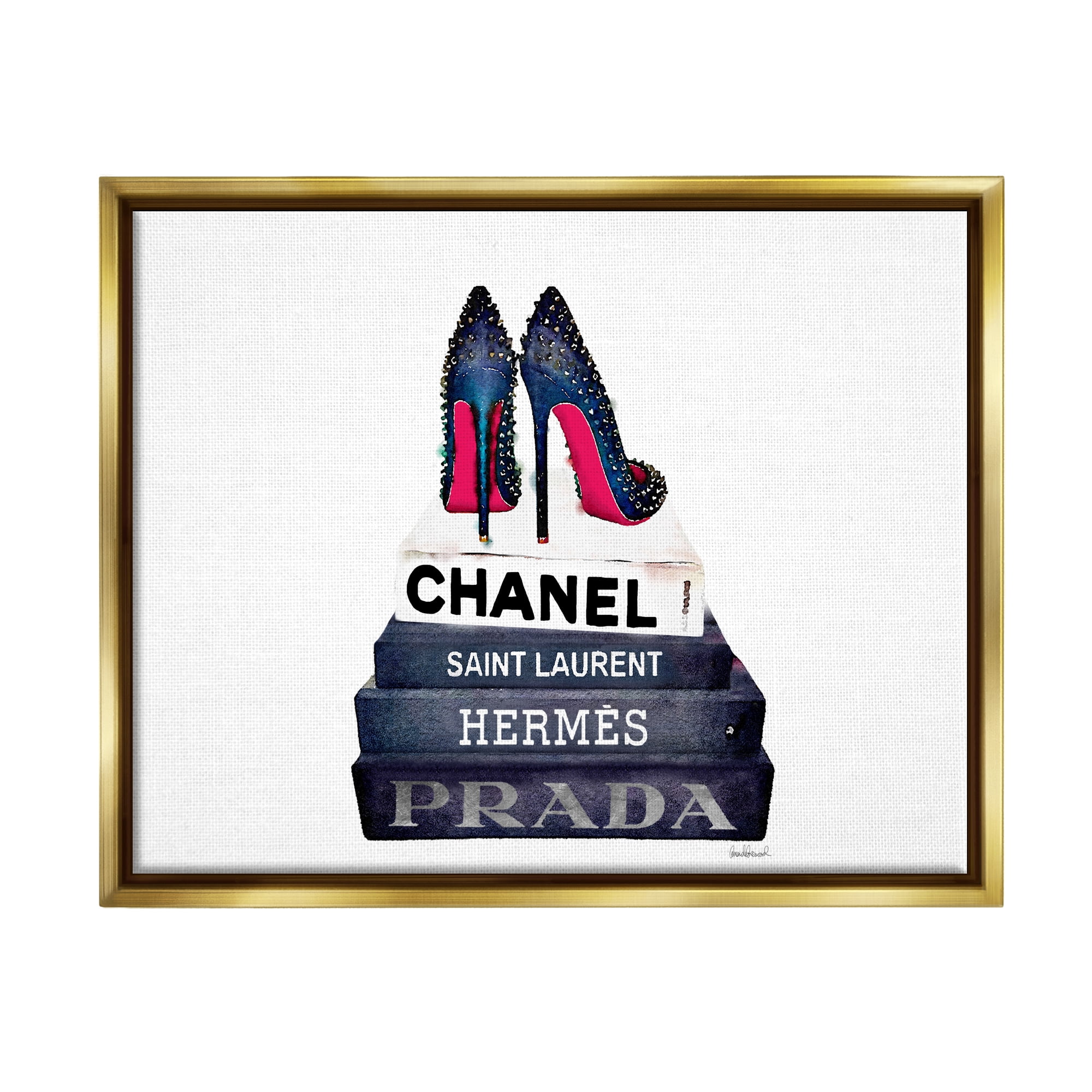 Stupell Industries Glam Fashion Book Set BW Stud Pump Heels Metallic Gold Framed Floating Canvas Wall Art, 16x20, by Amanda Greenwood