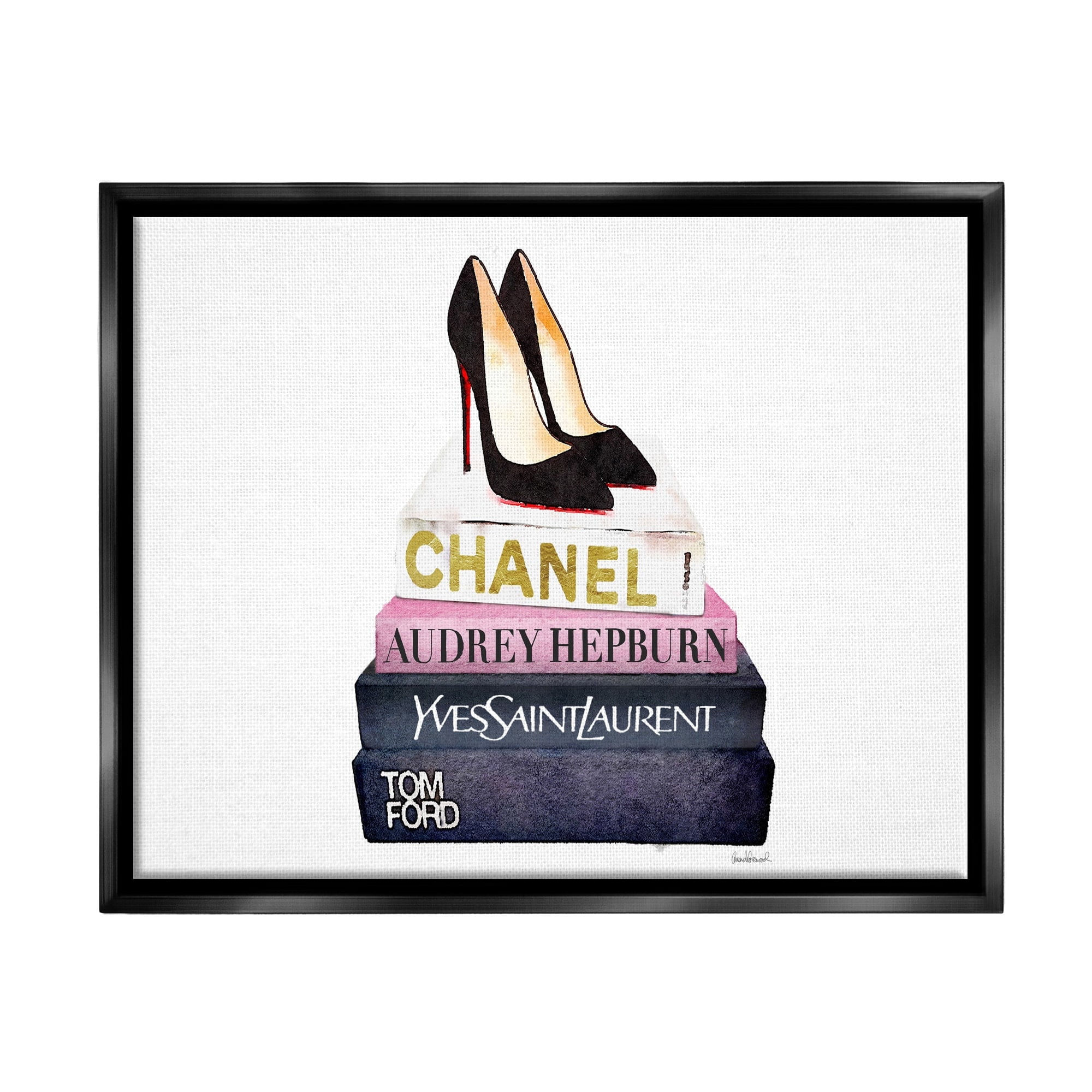 Stupell Industries Glam Fashion Book Set Black Pump Heels Jet Black Framed Floating Canvas Wall Art, 24x30, by Amanda Greenwood