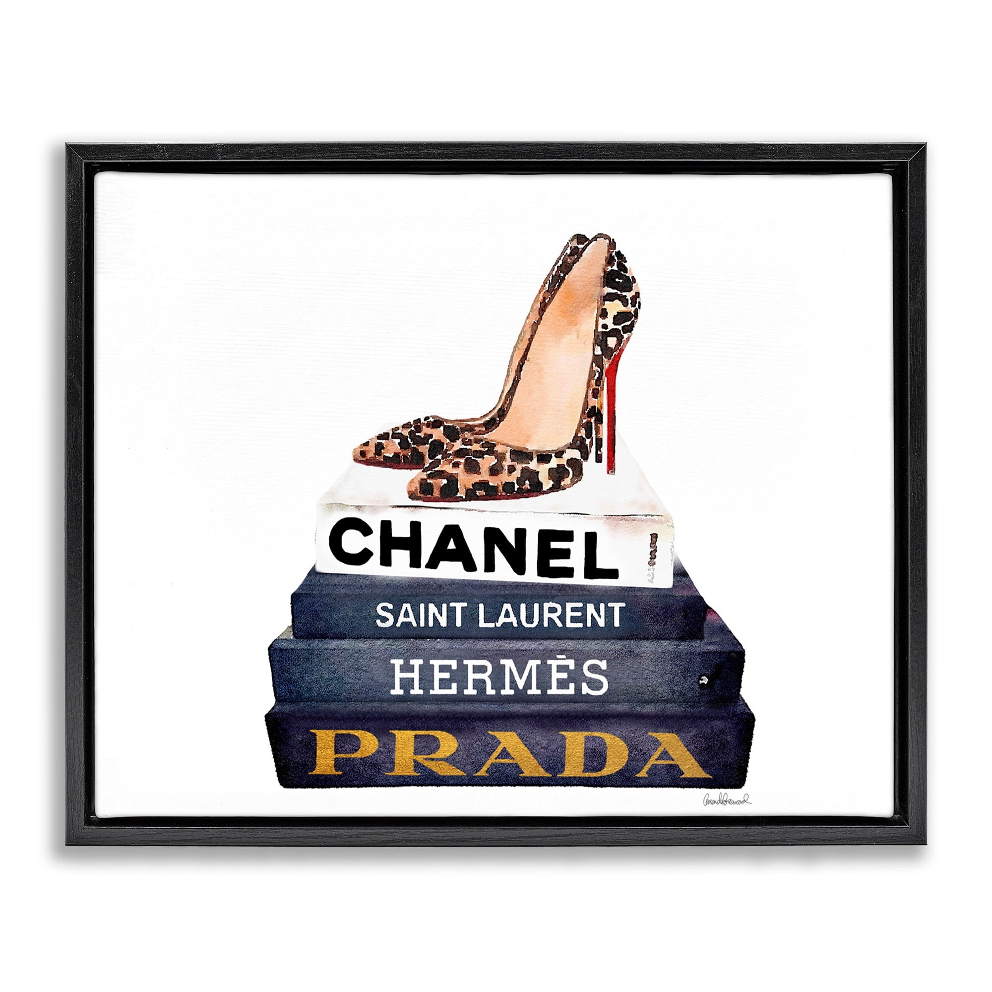 Stupell Industries Glam Fashion Book Set Leopard Pumps Heels Jet Black Framed Floating Canvas Wall Art, 24x30, by Amanda Greenwood