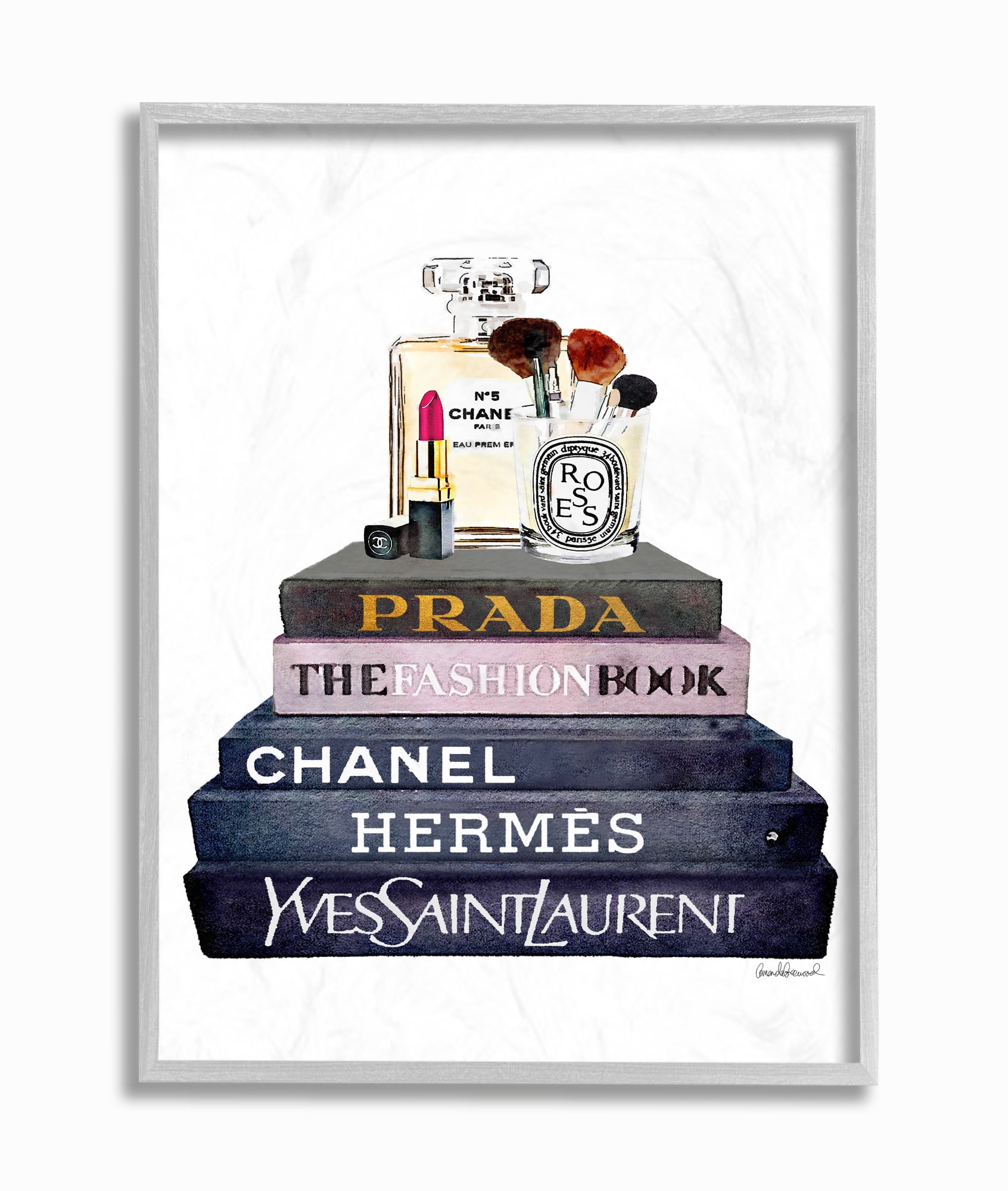 Stupell Industries Glam Fashion Book Set With Makeup Graphic Art Gray Framed Art Print Wall Art, 11x14, by Amanda Greenwood