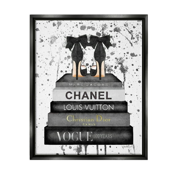 Stupell Industries Glam Fashion Book Stack Grey Bow Pump Heels Ink Jet Black Framed Floating Canvas Wall Art, 16x20, by Amanda Greenwood