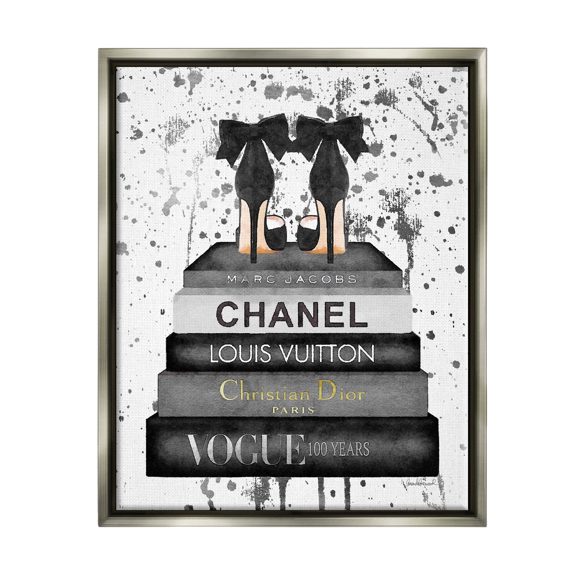 Stupell Industries Glam Fashion Book Stack Grey Bow Pump Heels Ink Luster Gray Framed Floating Canvas Wall Art, 24x30, by Amanda Greenwood