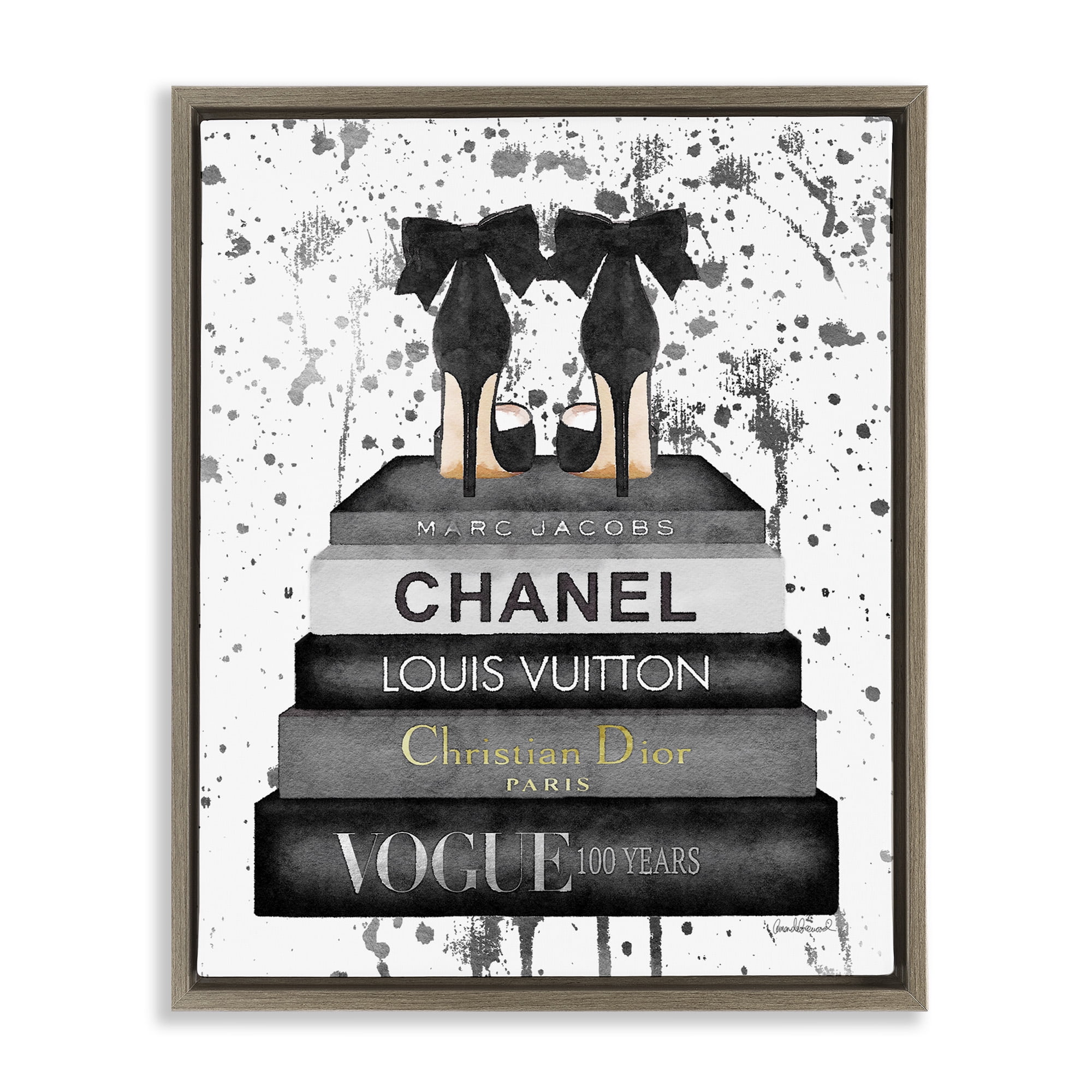 Stupell Industries Glam Fashion Books & Heels Beauty & Fashion Painting Brown Floater Framed Canvas Art Print Wall Art, 17 x 21
