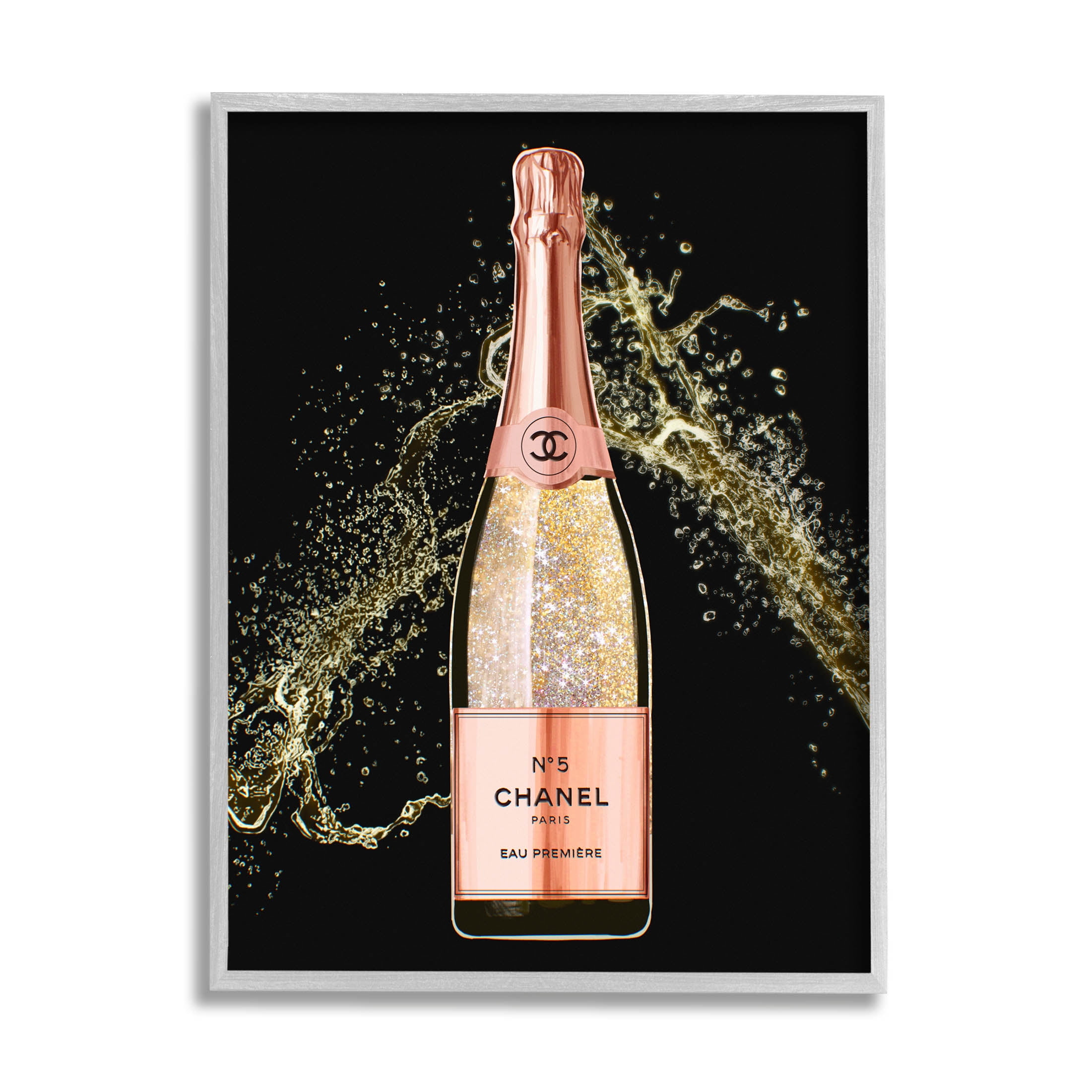 Stupell Industries Glam Fashion Champagne Bottle Splash Graphic Art Gray Framed Art Print Wall Art, Design by Ziwei Li