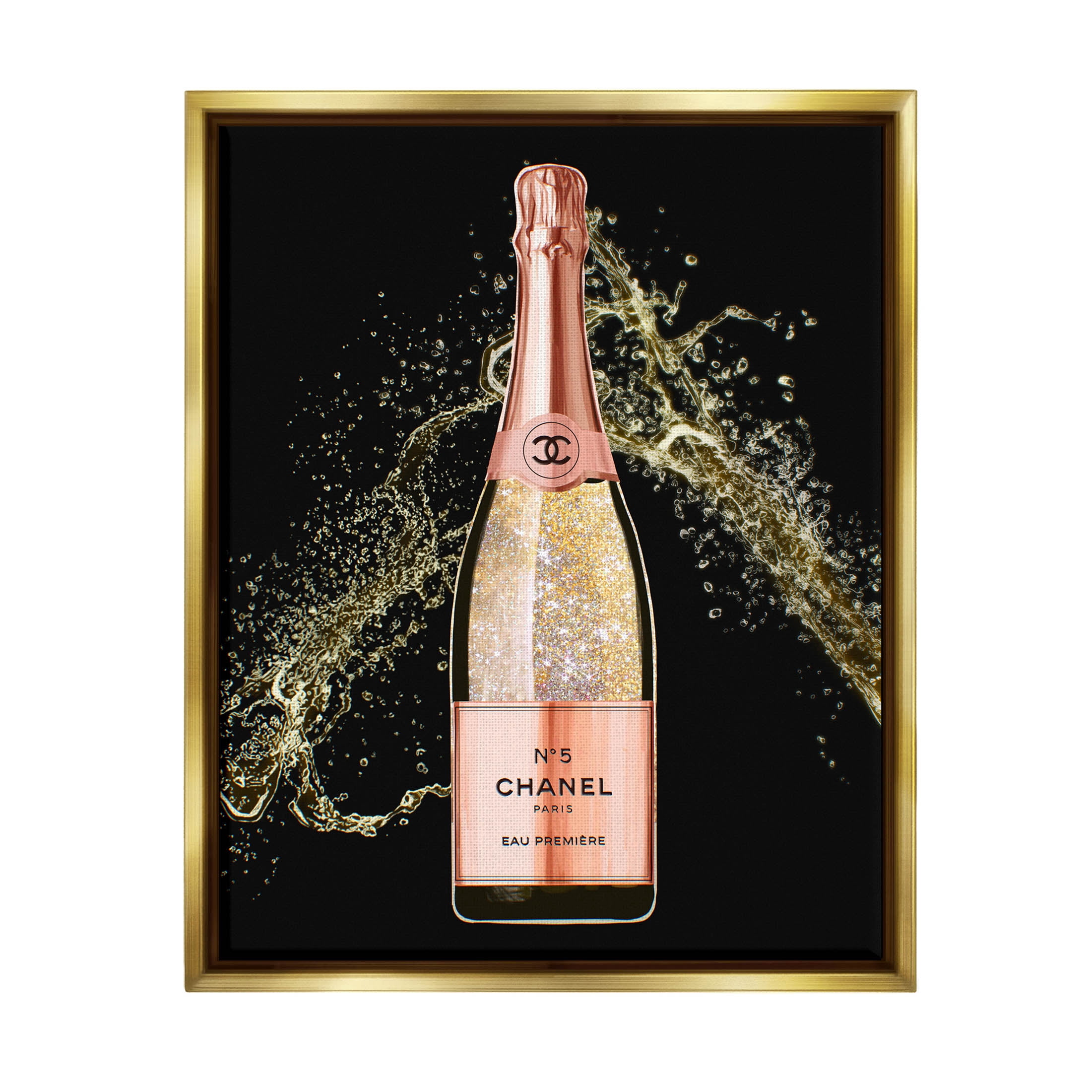 Stupell Industries Glam Fashion Champagne Bottle Splash Graphic Art Metallic Gold Floating Framed Canvas Print Wall Art, Design by Ziwei Li